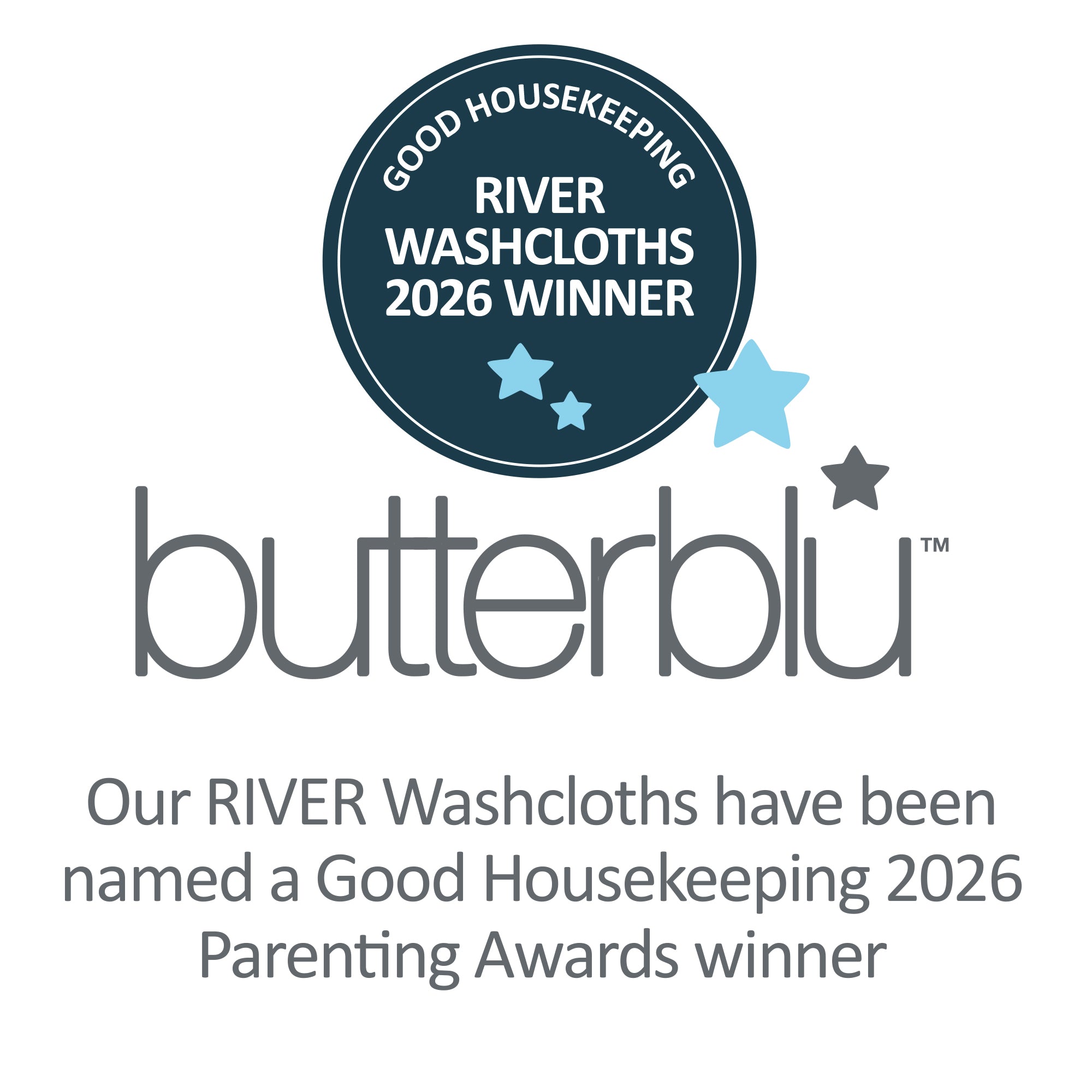 Award graphic for River Washcloths 2026 Good Housekeeping Winner, featuring a dark blue circular badge with light blue and gray stars above the butterfly logo and award text on a white background.