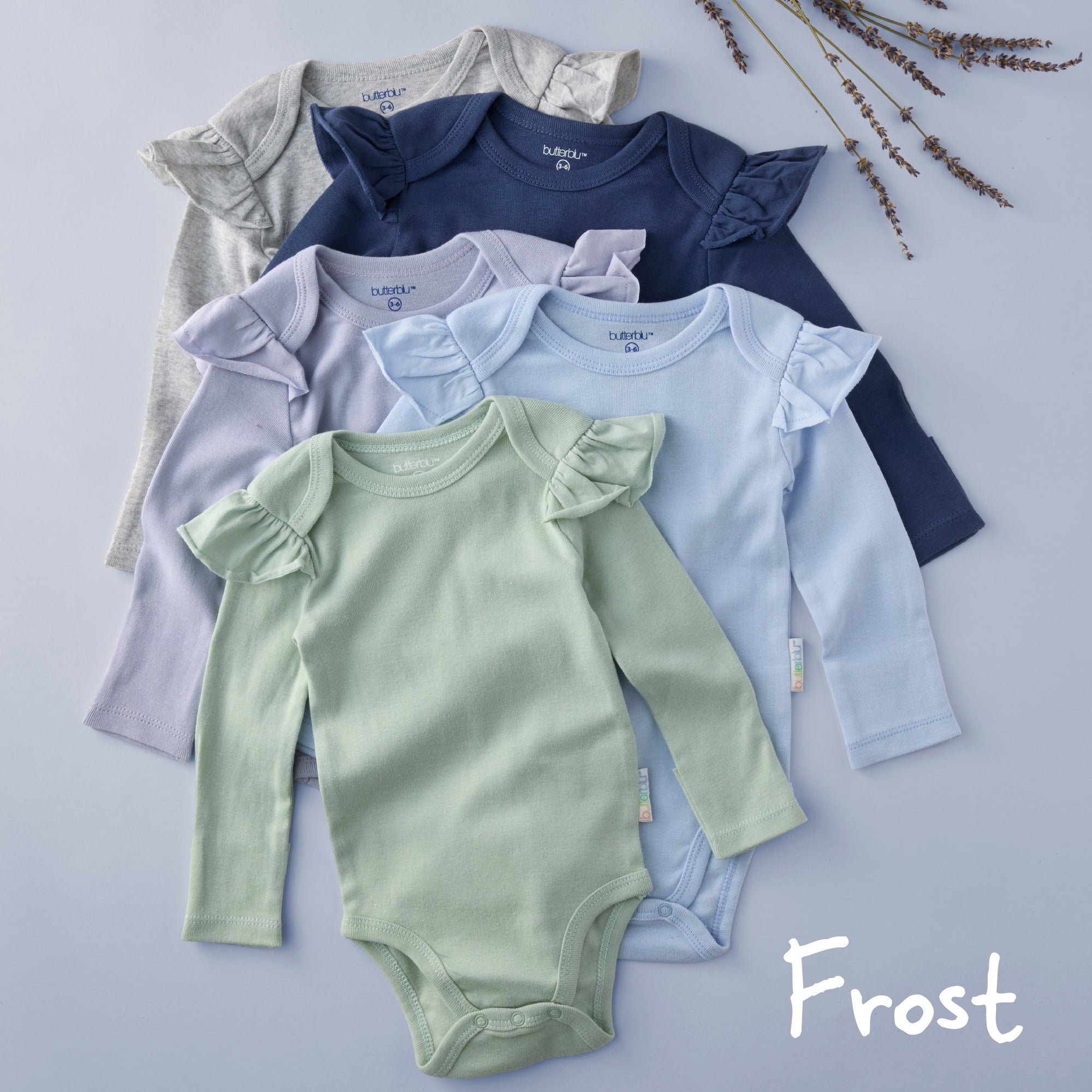 Collection of baby bodysuits in various colors on a light gray background with 'Frost' branding.