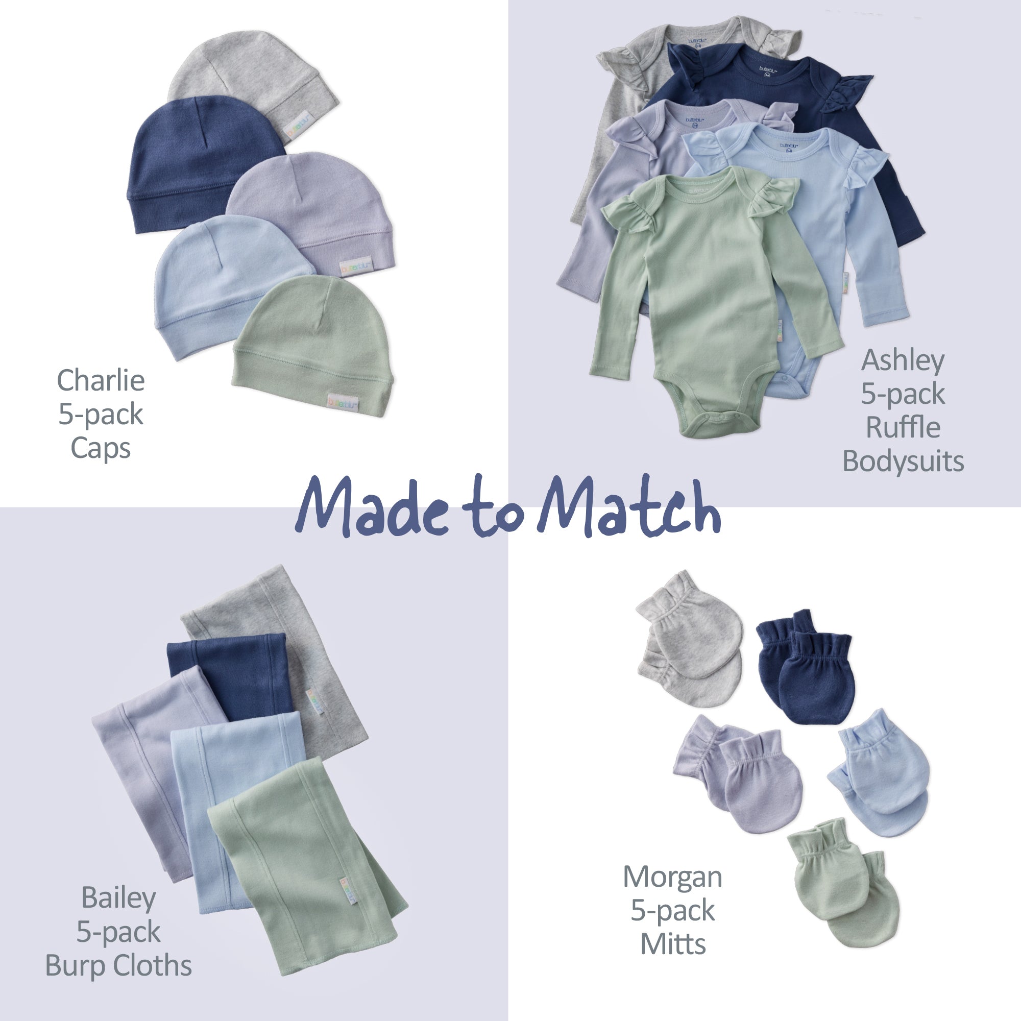 Collection of baby clothing items including caps, bodysuits, burp cloths, and mitts with text indicating matching sets.