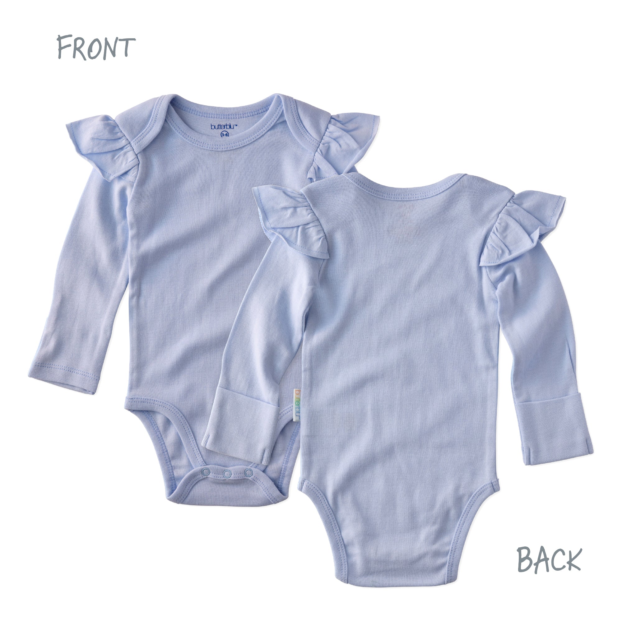 Light blue baby bodysuit with ruffled sleeves shown from front and back on a white background.