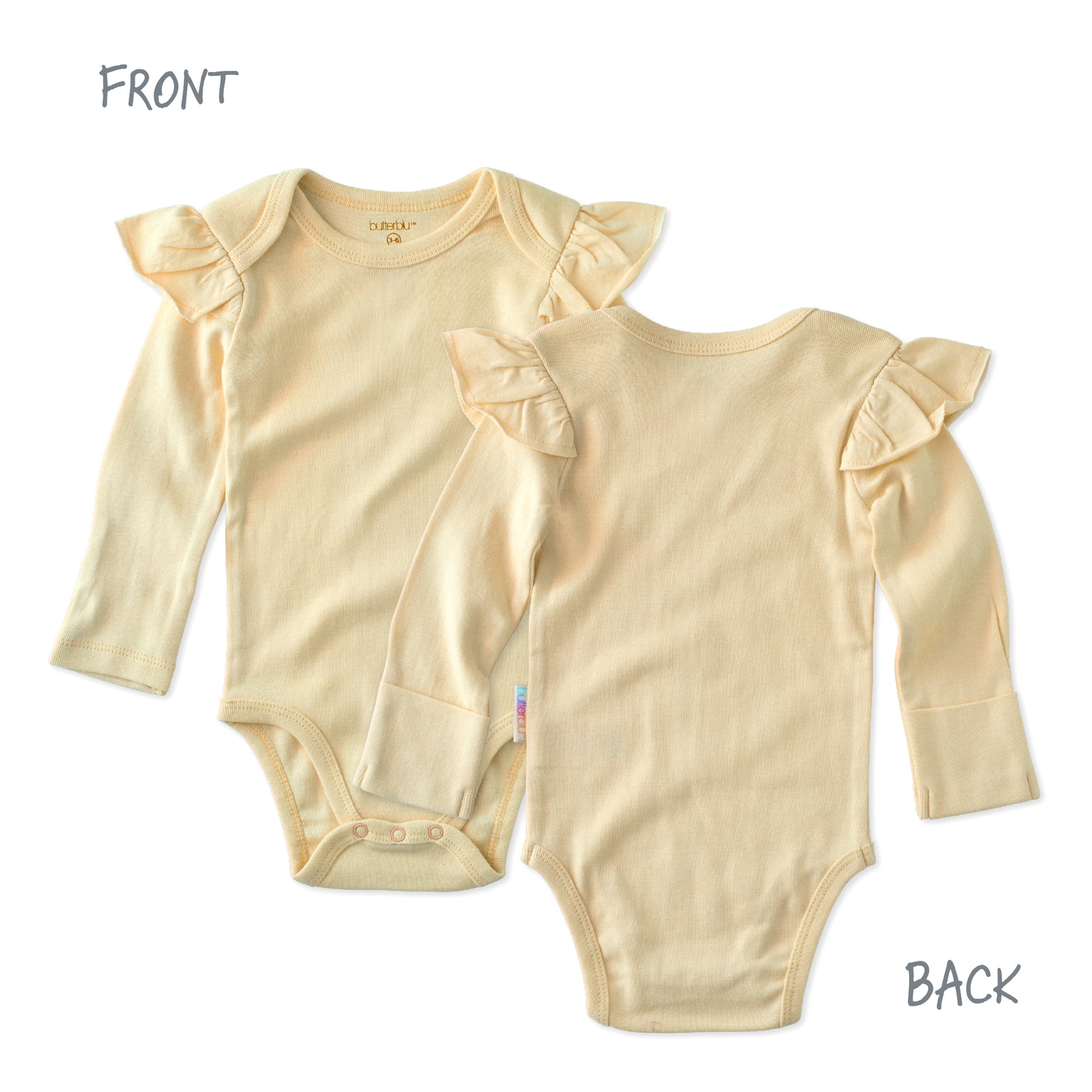 Beige baby bodysuit with ruffled sleeves shown from front and back on a white background.