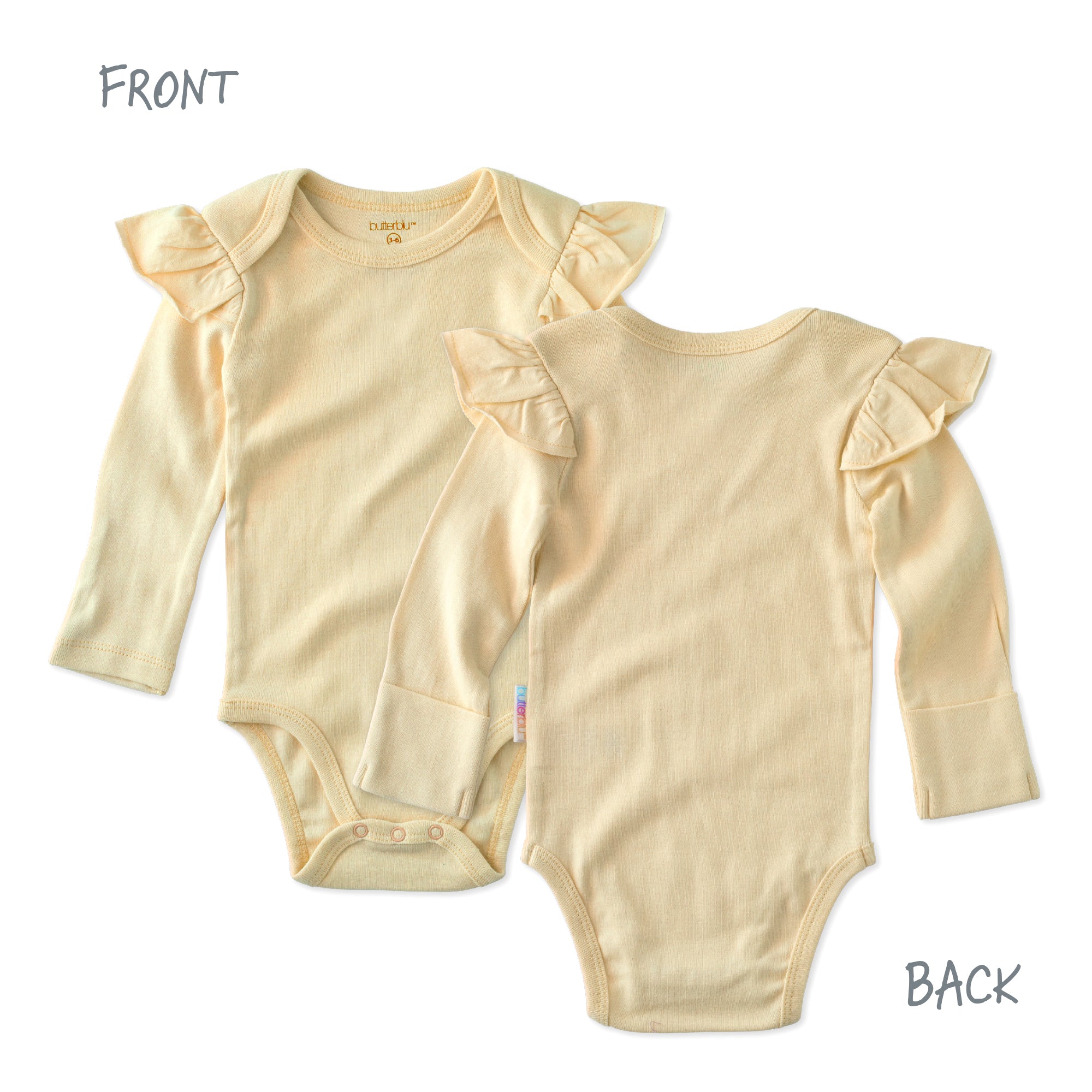 Beige baby bodysuit with ruffled sleeves shown from front and back on a white background.