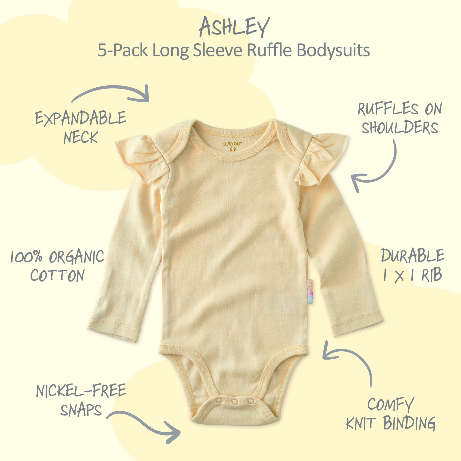 Beige long-sleeve ruffle bodysuit with features highlighted on a yellow background