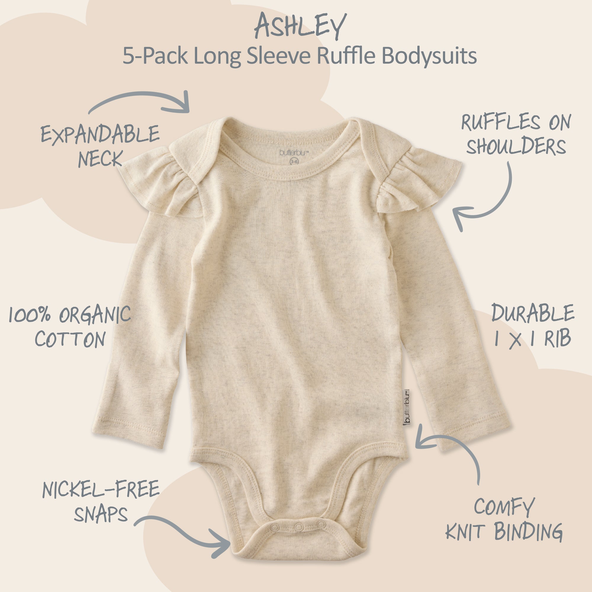 Ashley bodysuit surrounded by product descriptions 