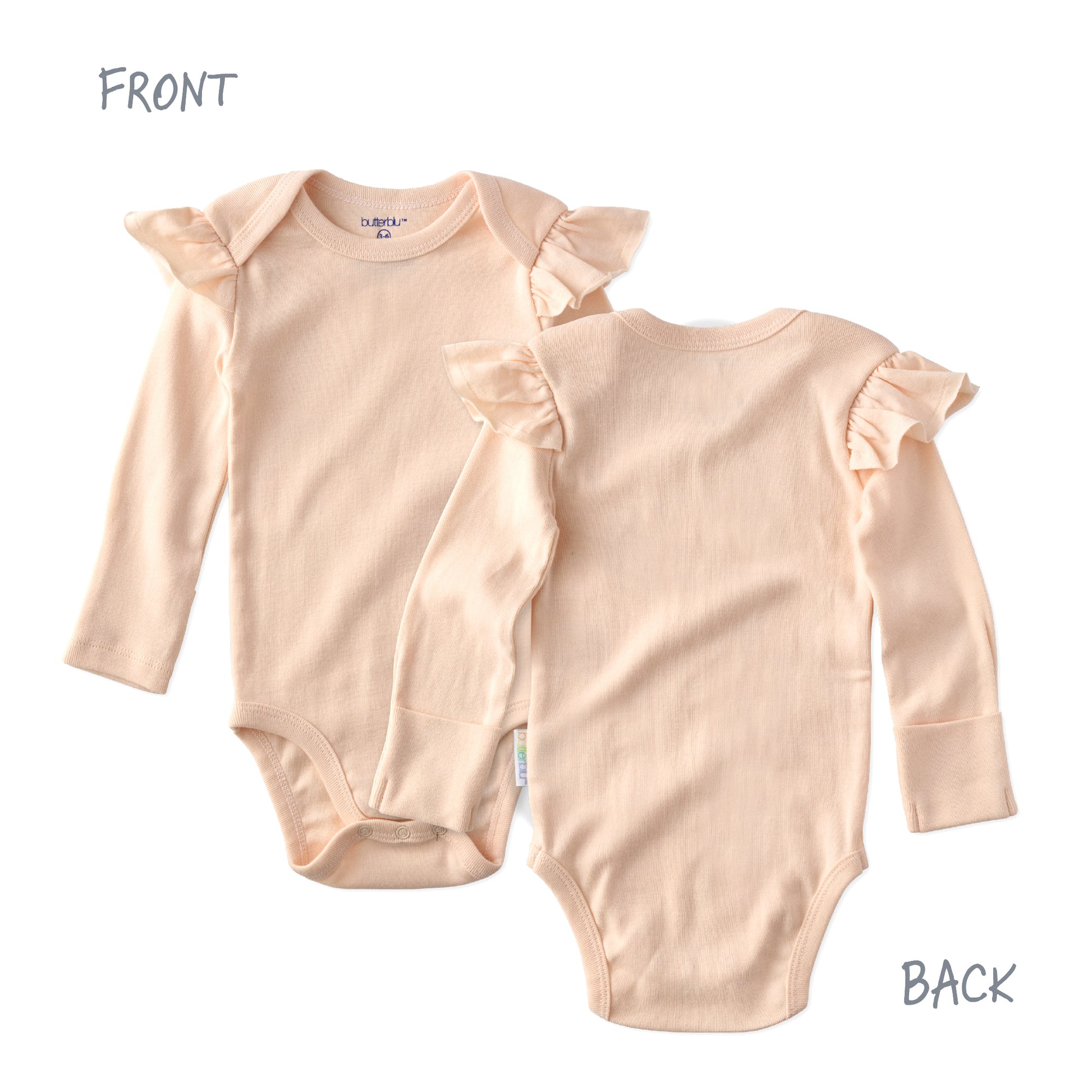 Pink ruffle bodysuit front and back — Butterblu Ashley organic cotton baby girl long sleeve onesie