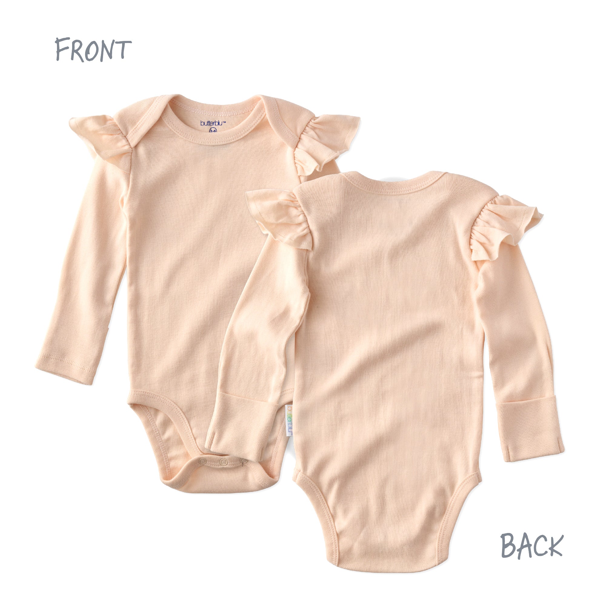 Pink ruffle bodysuit front and back — Butterblu Ashley organic cotton baby girl long sleeve onesie