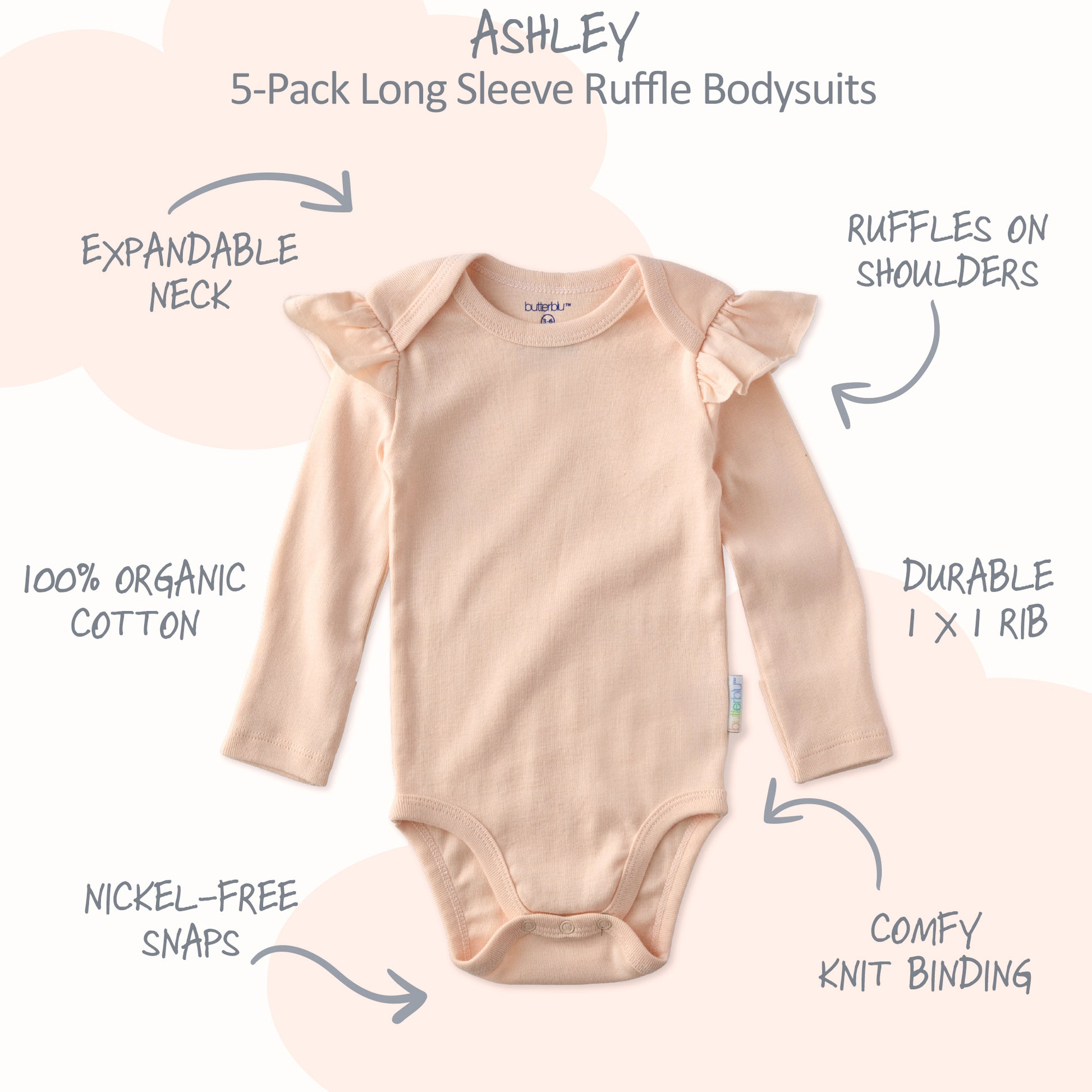 Pink long-sleeve ruffle bodysuit features — Butterblu Ashley organic cotton baby girl onesie with foldover cuffs