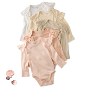 Ashley 5-pack long sleeve ruffle bodysuits in Pink Sunrise — organic cotton baby girl onesies on a white background from Butterblu