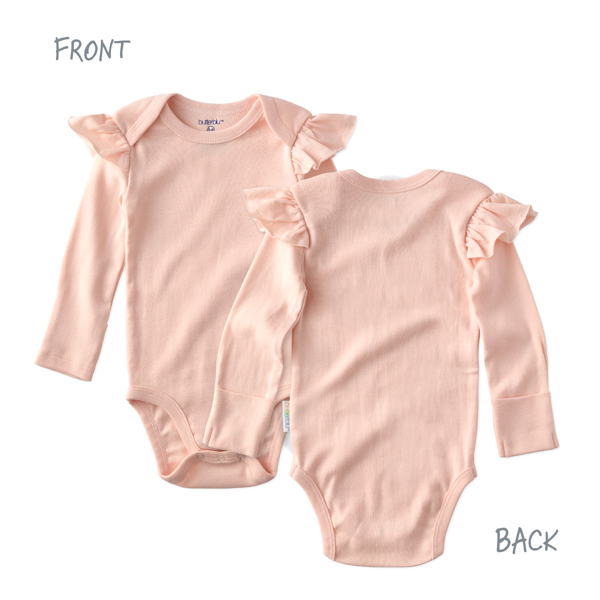 Pink baby bodysuit with ruffled sleeves shown from front and back on a white background.