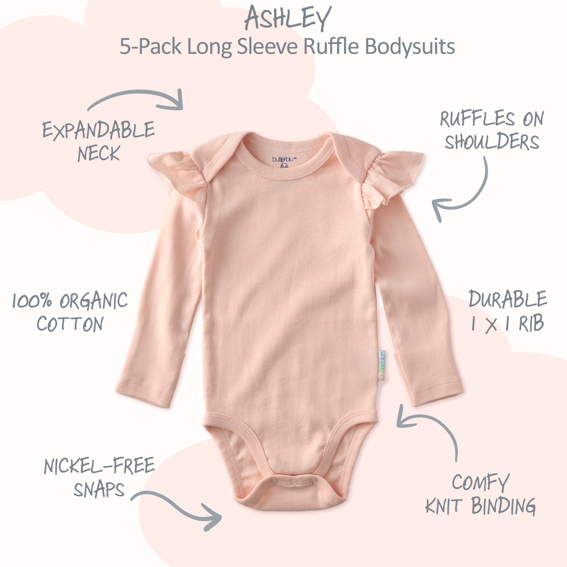 Pink long-sleeve ruffle bodysuit with features highlighted on a light pink background
