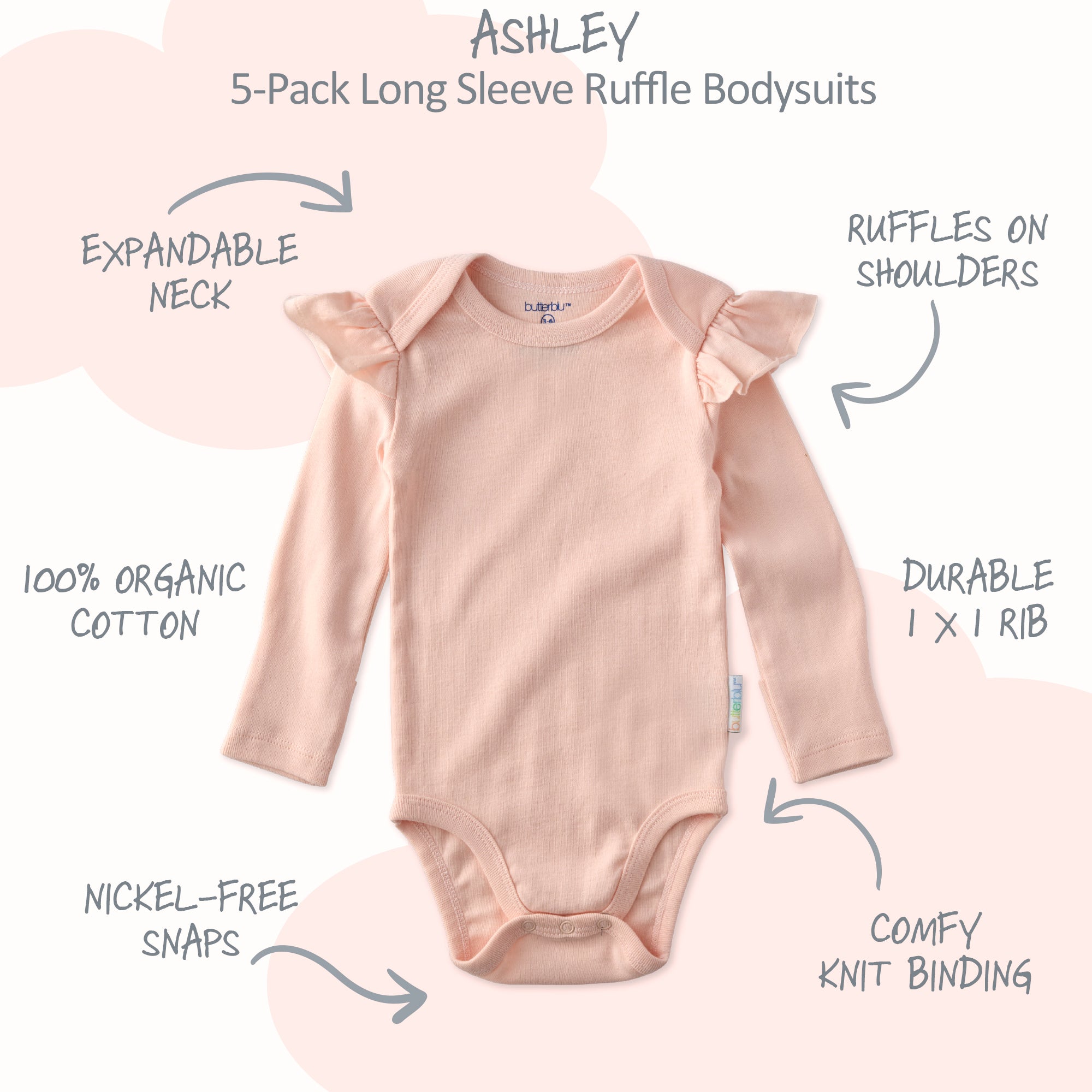 Pink long-sleeve ruffle bodysuit with features highlighted on a light pink background