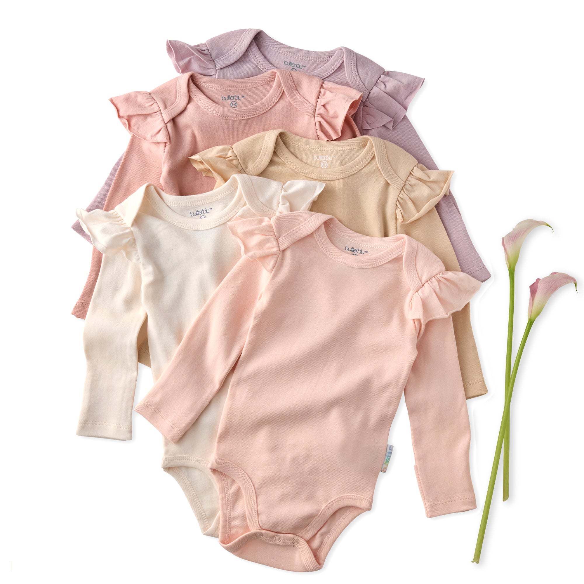 Set of baby bodysuits in various colors with ruffled sleeves on a white background.
