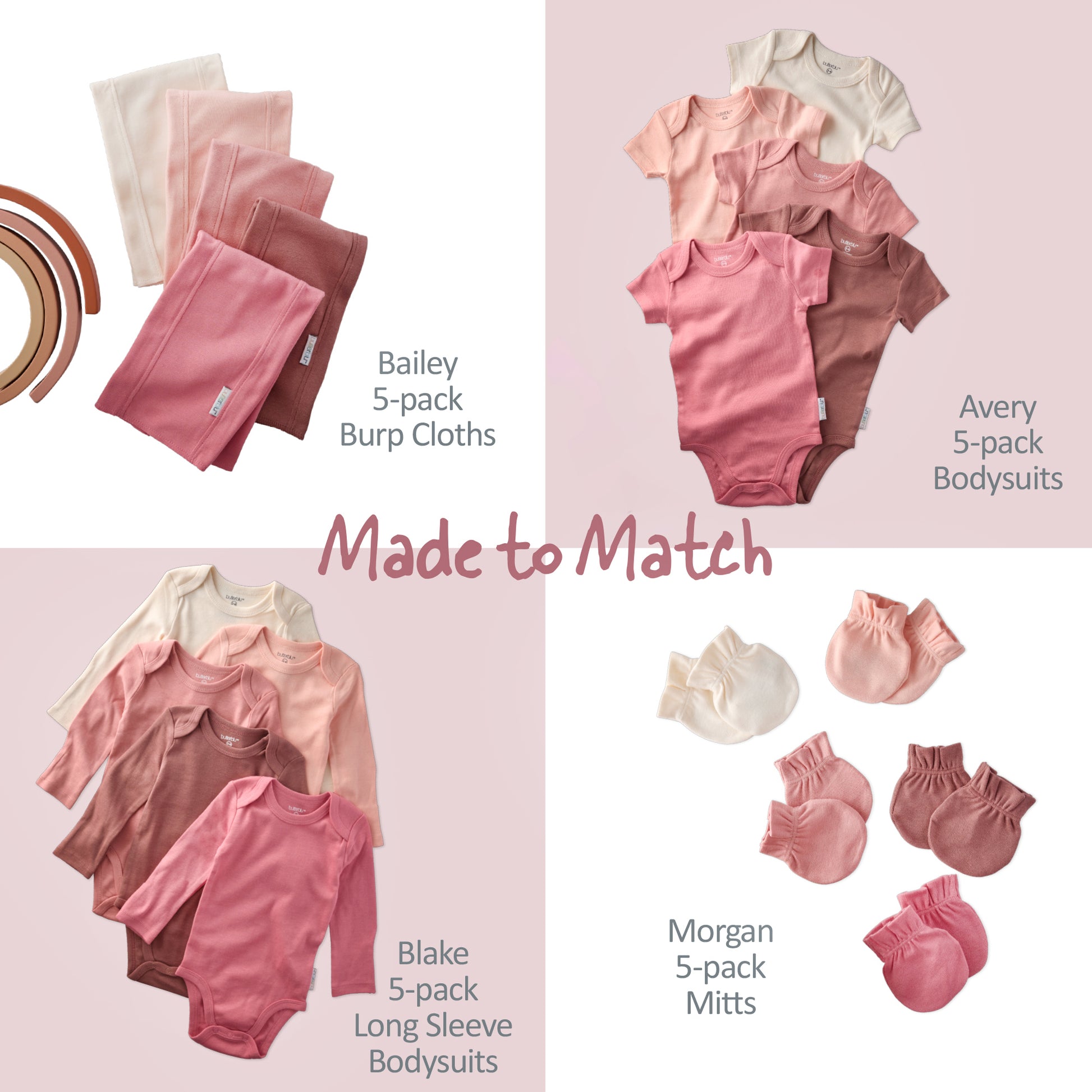Baby clothing set with matching burp cloths, bodysuits, and mitts on a pink background.