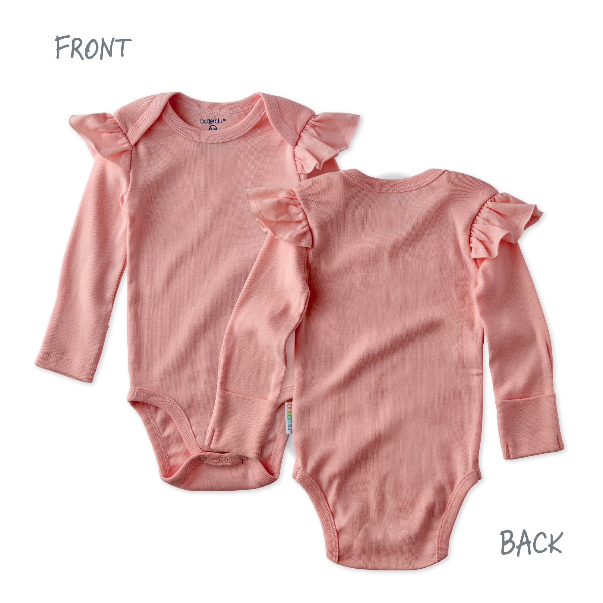 Pink baby bodysuit with ruffled sleeves shown from front and back on a white background.