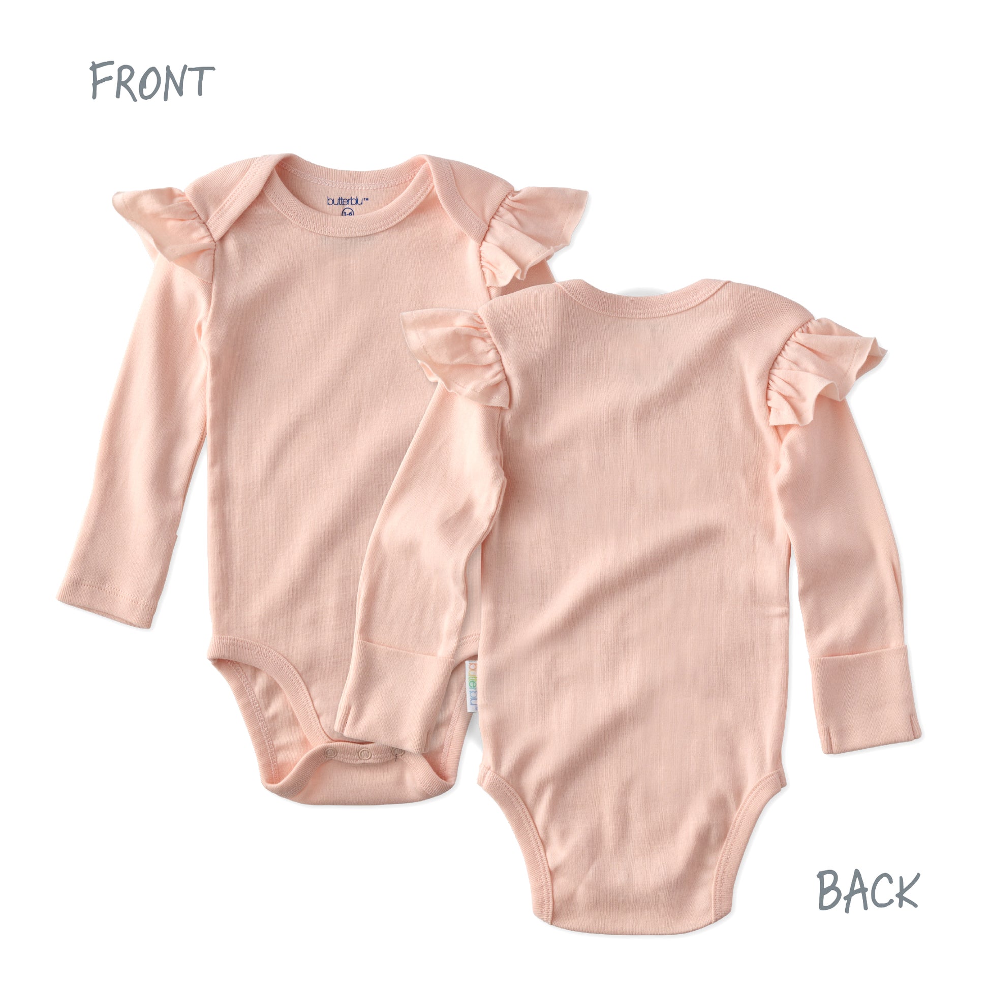 Pink baby bodysuit with ruffled sleeves shown from front and back on a white background.