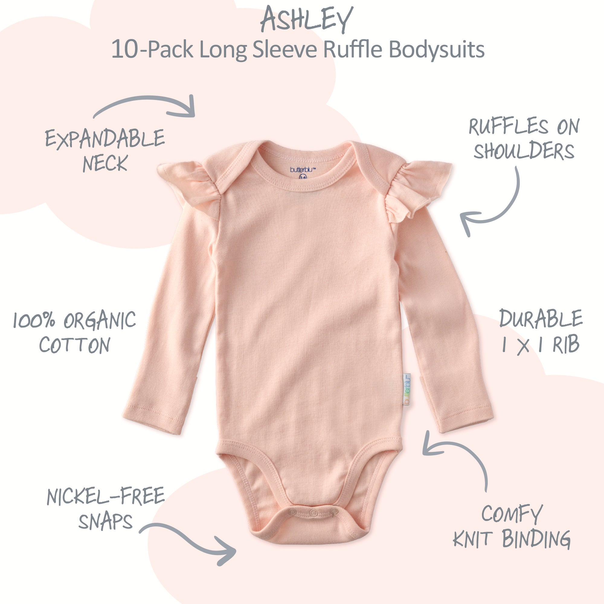 Pink long-sleeve ruffle bodysuit with features highlighted on a white background