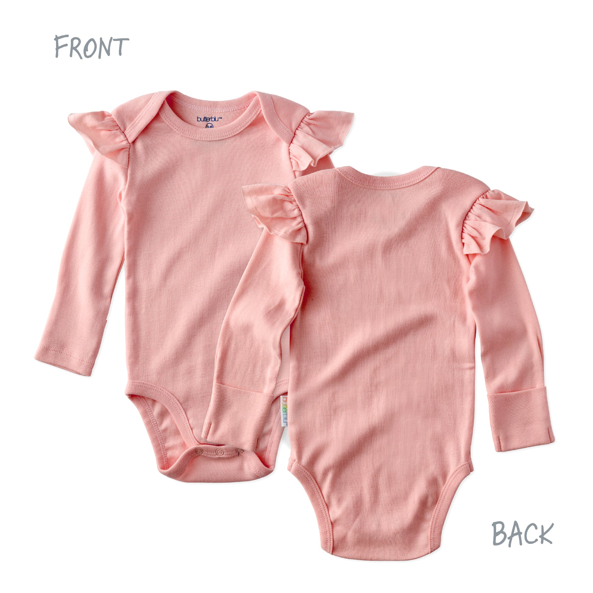 Pink baby bodysuit with ruffled sleeves shown from front and back on a white background.