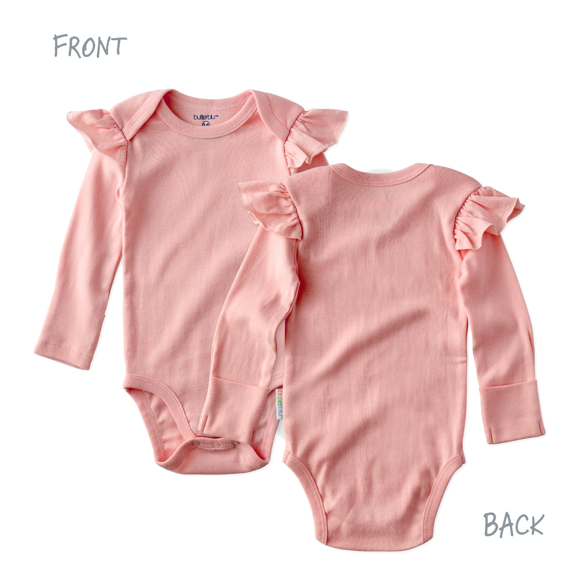 Pink baby bodysuit with ruffled sleeves shown from front and back on a white background.