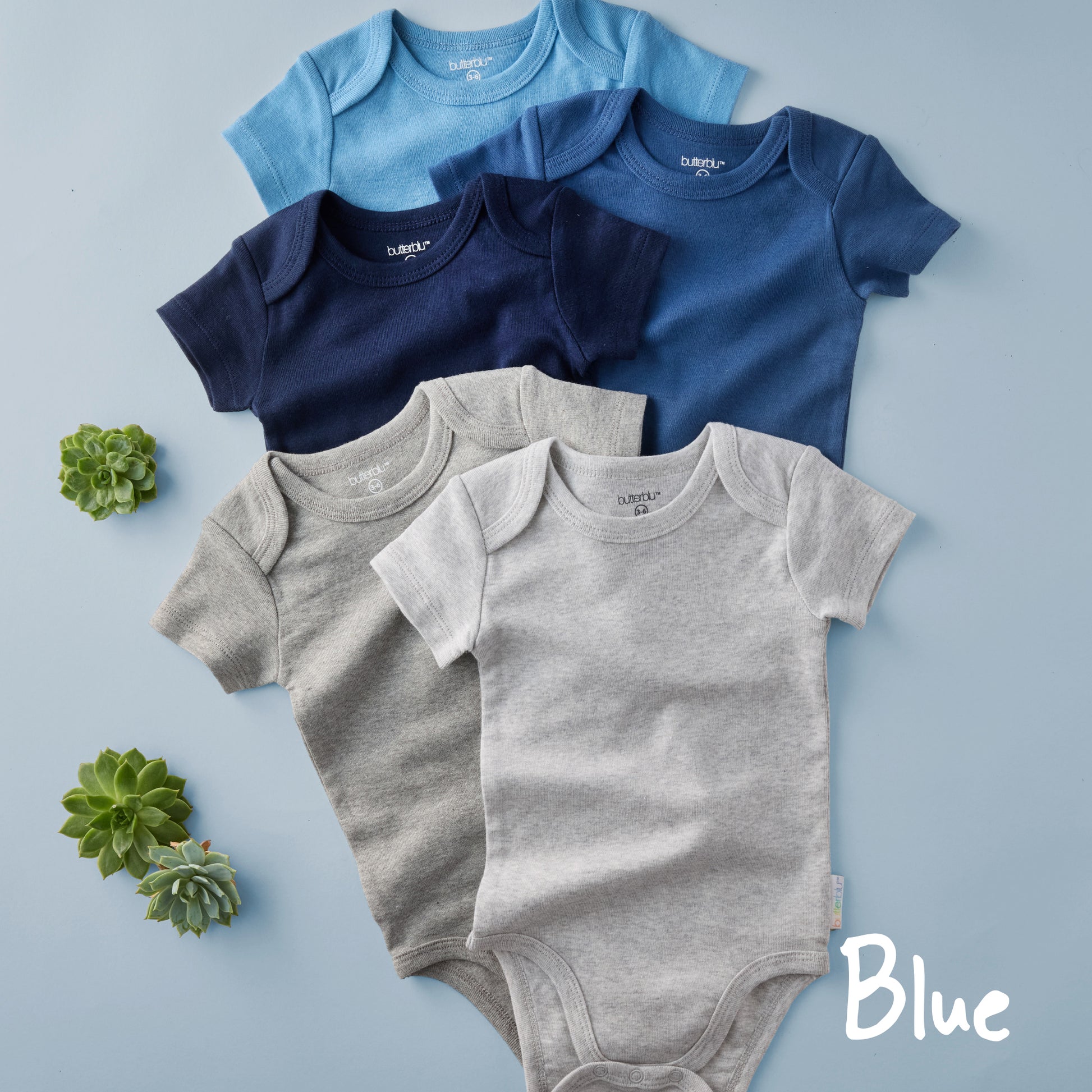Three baby bodysuits in blue, gray, and navy on a light blue background with succulents.