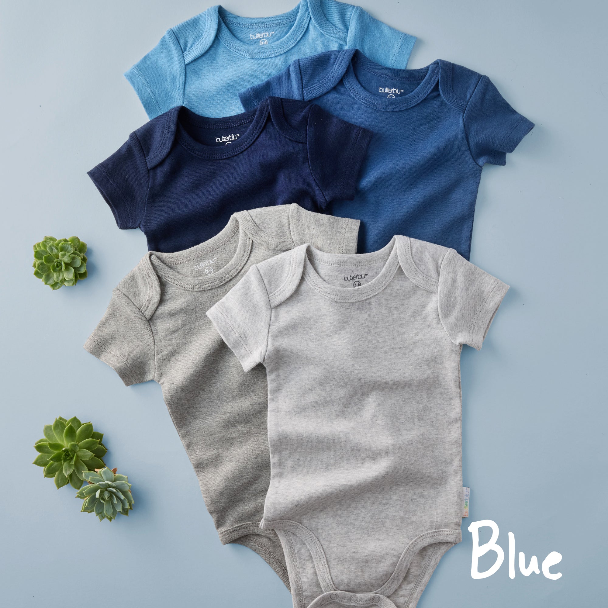 Three baby bodysuits in blue, gray, and navy on a light blue background with succulents.