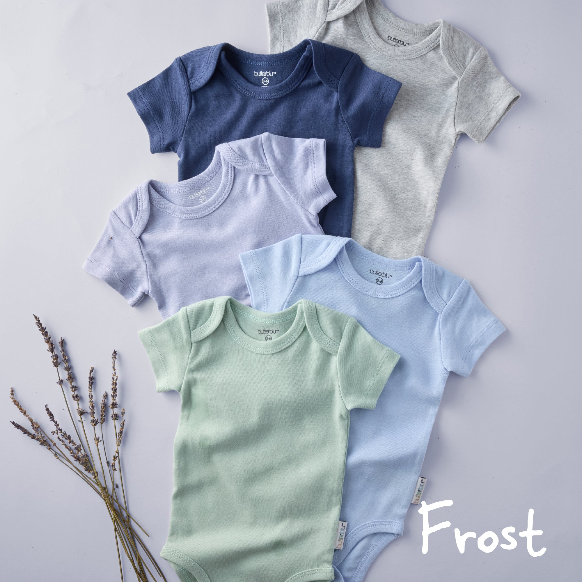 Five baby bodysuits in blue, gray, white, green, and light blue on a light gray background with 'Frost' branding.