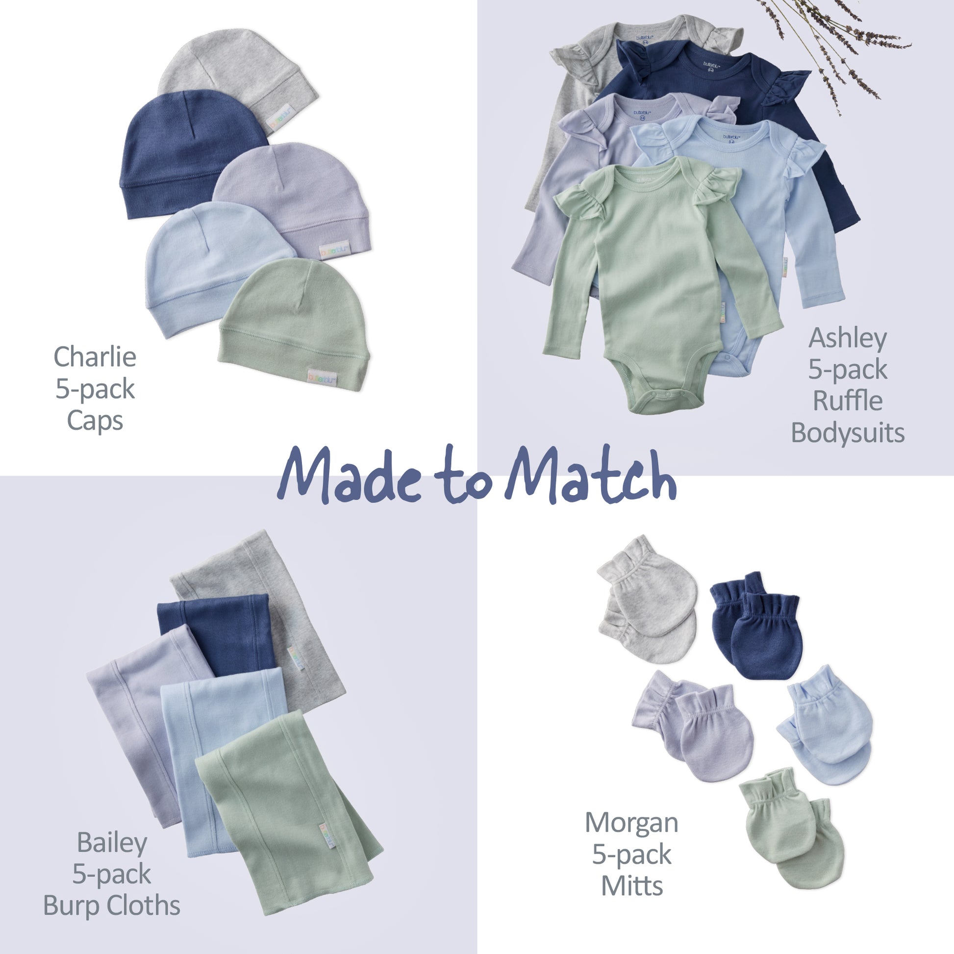 Collection of baby clothing items including caps, bodysuits, burp cloths, and mitts on a white background.