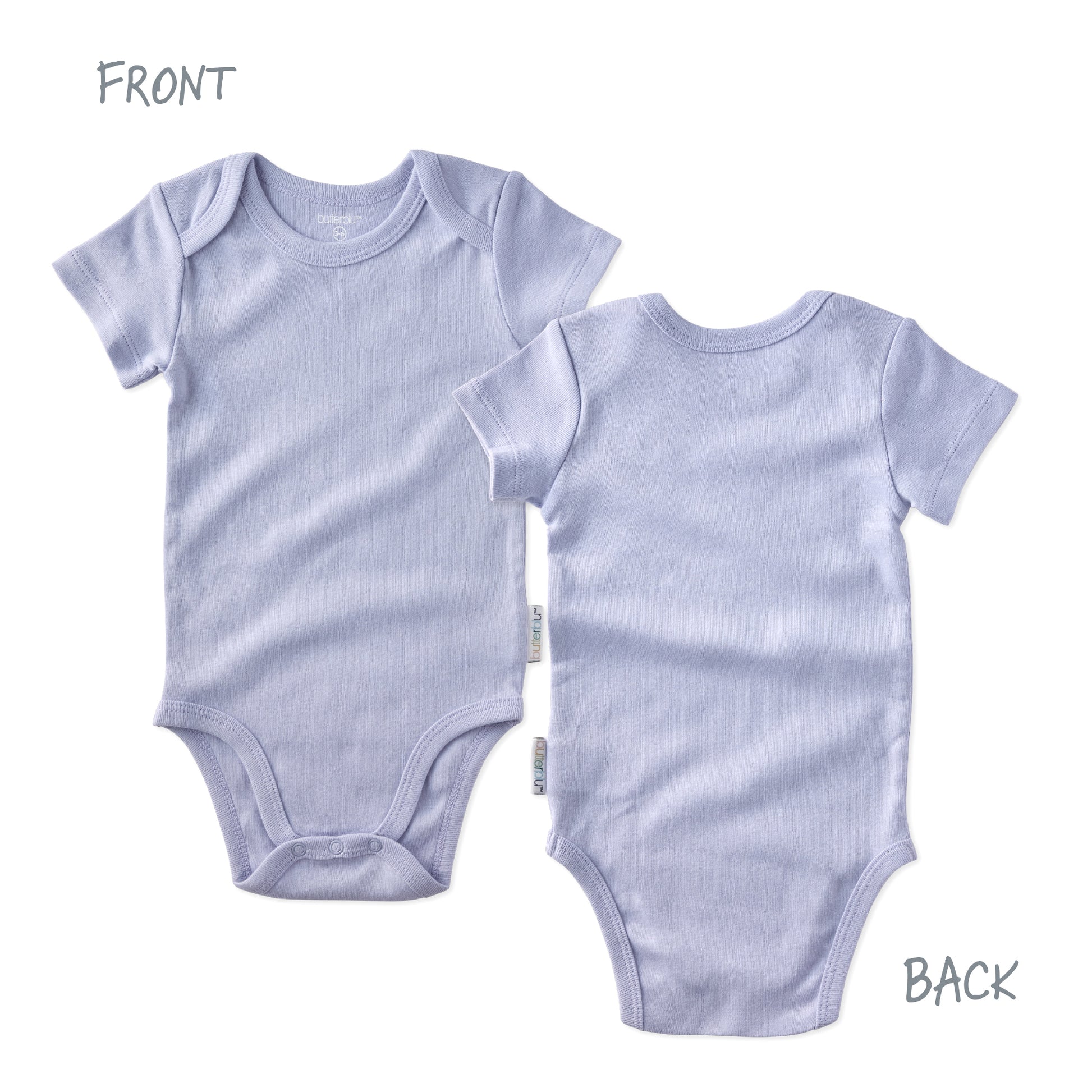 Light blue baby bodysuit shown from front and back on a white background