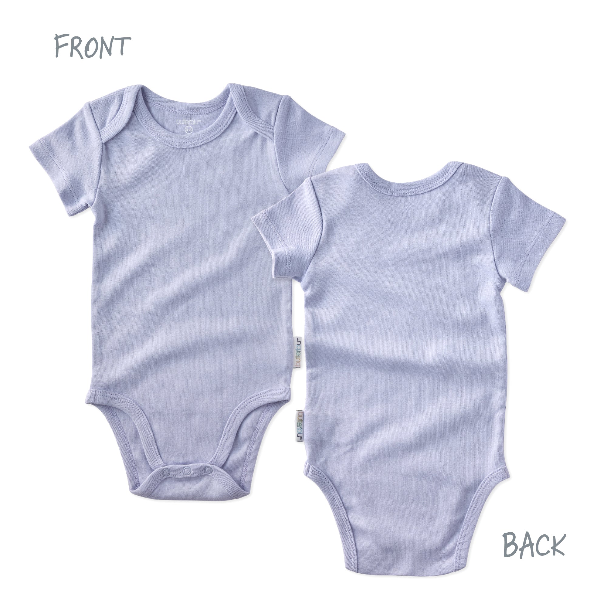 Light blue baby bodysuit shown from front and back on a white background