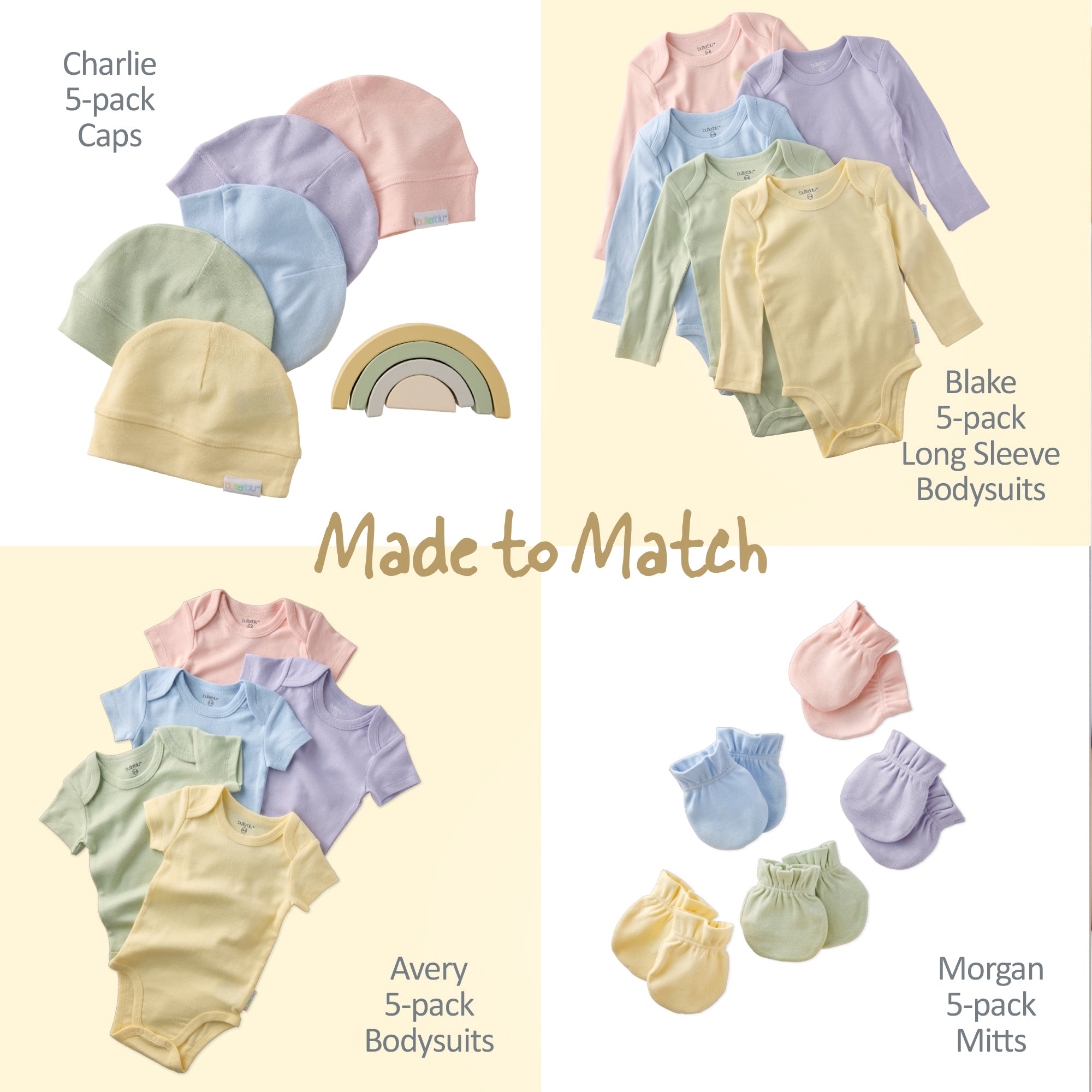 Baby clothing set with caps, bodysuits, and mittens in pastel colors on a yellow background.