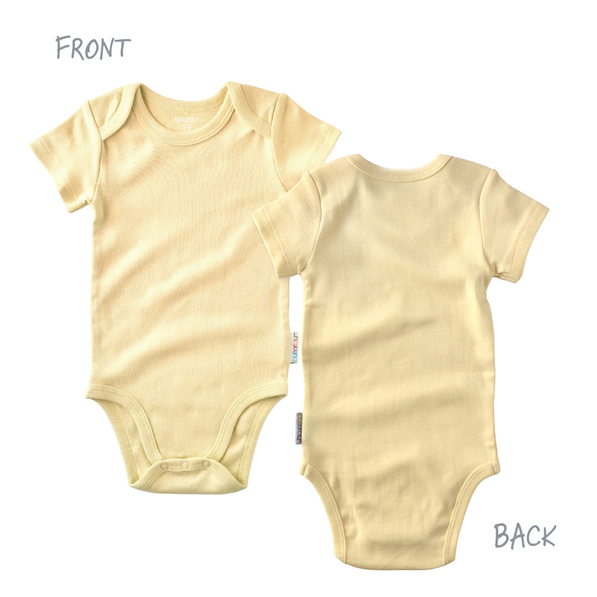 Beige baby bodysuit shown from front and back on a white background