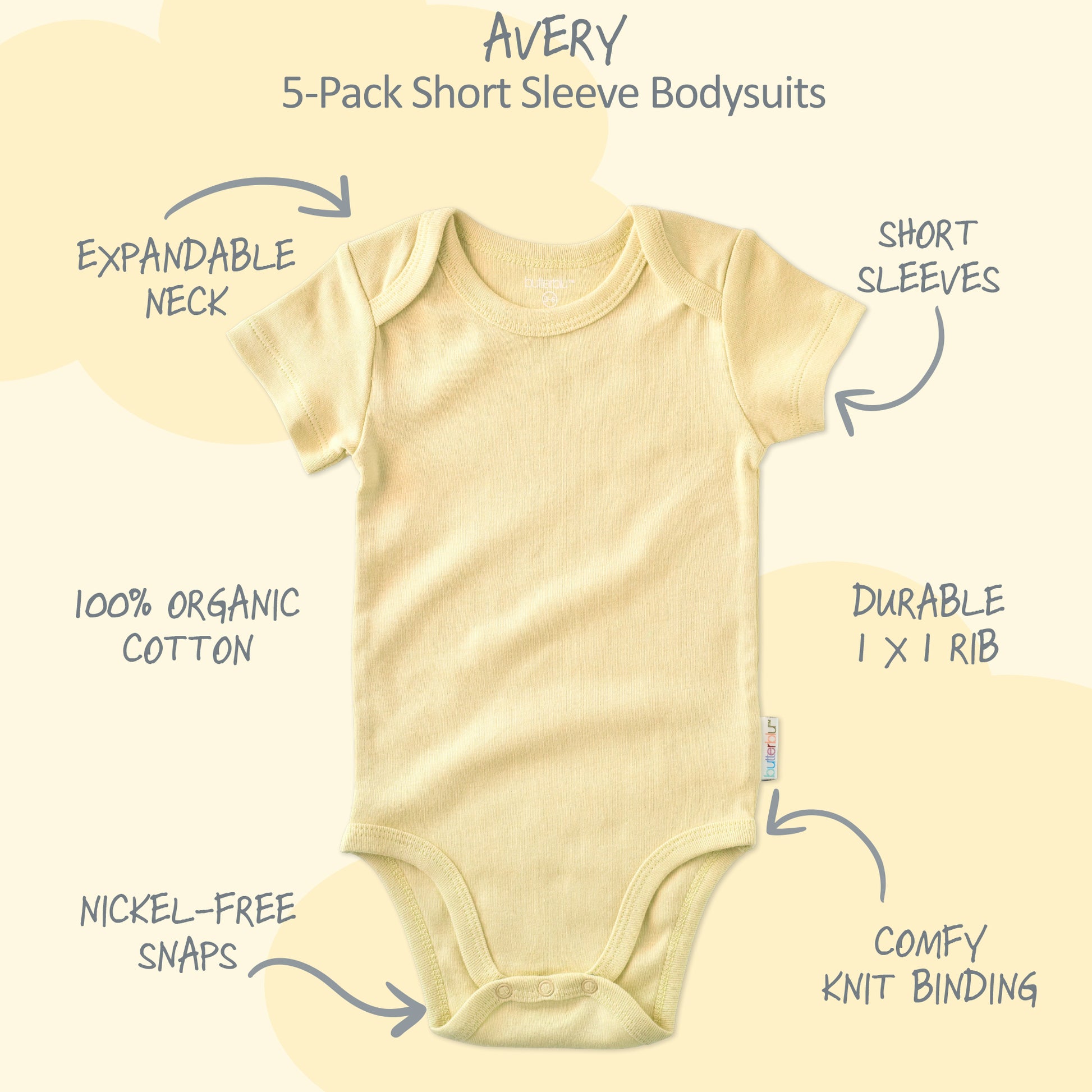 Beige baby bodysuit with features labeled on a white background
