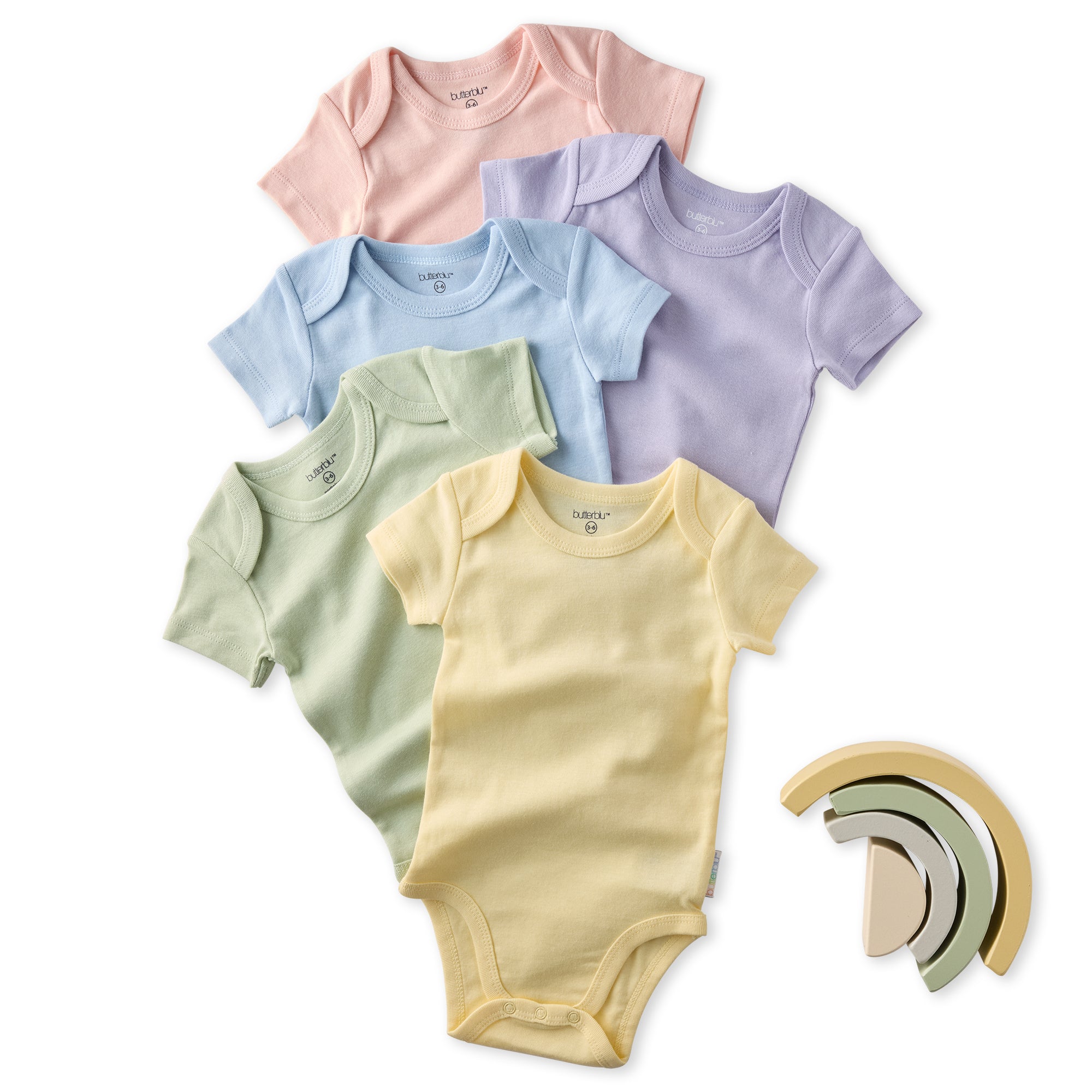 Set of five colorful baby bodysuits on a white background