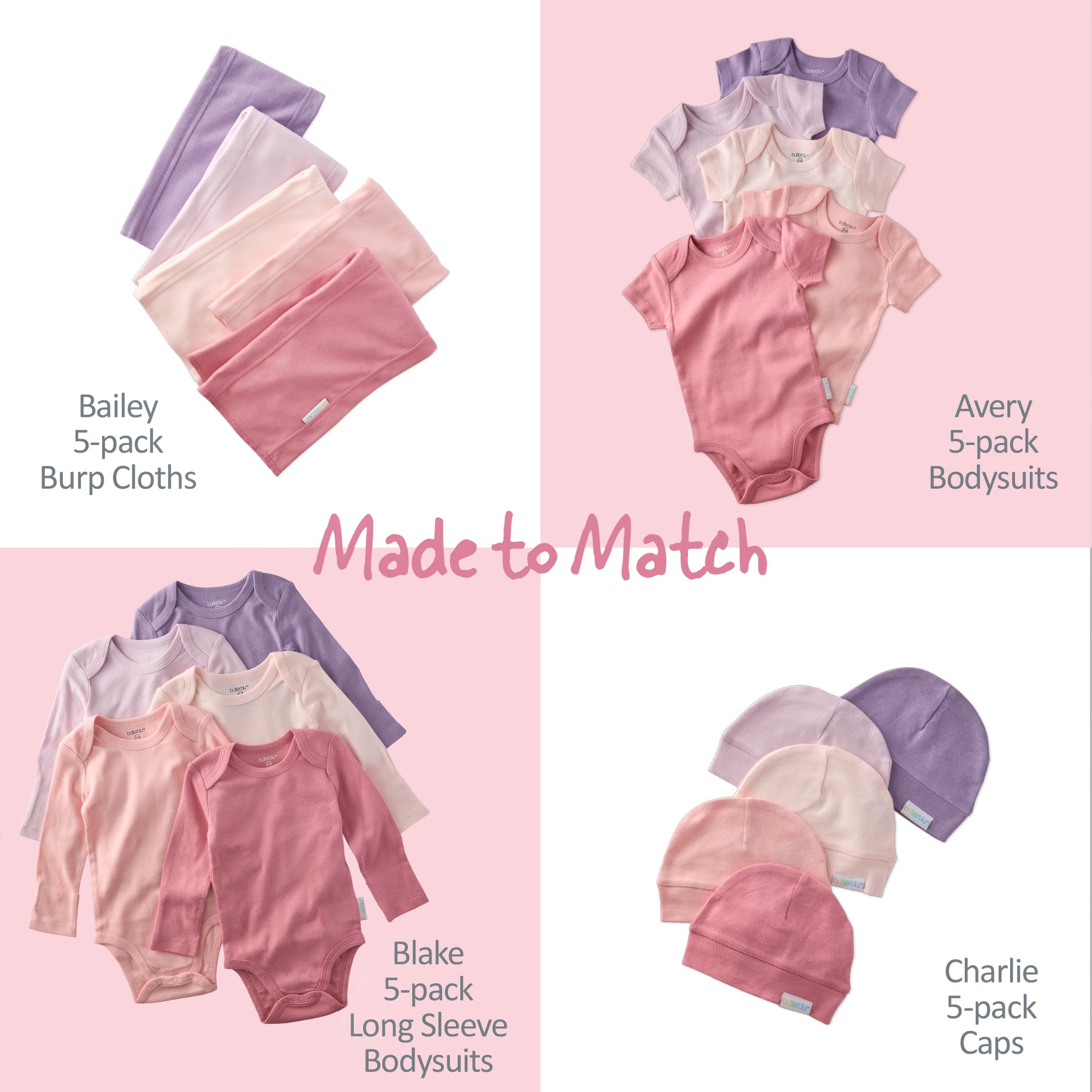 Baby clothing set with burp cloths, bodysuits, and caps on a pink background.