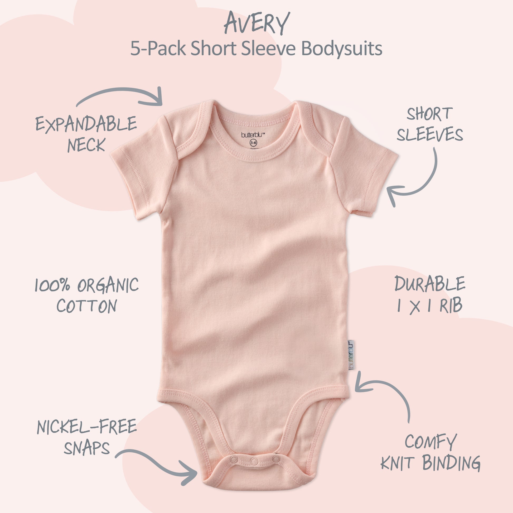 Avery short sleeve bodysuit with product descriptions surrounding it and AVERY title at the top
