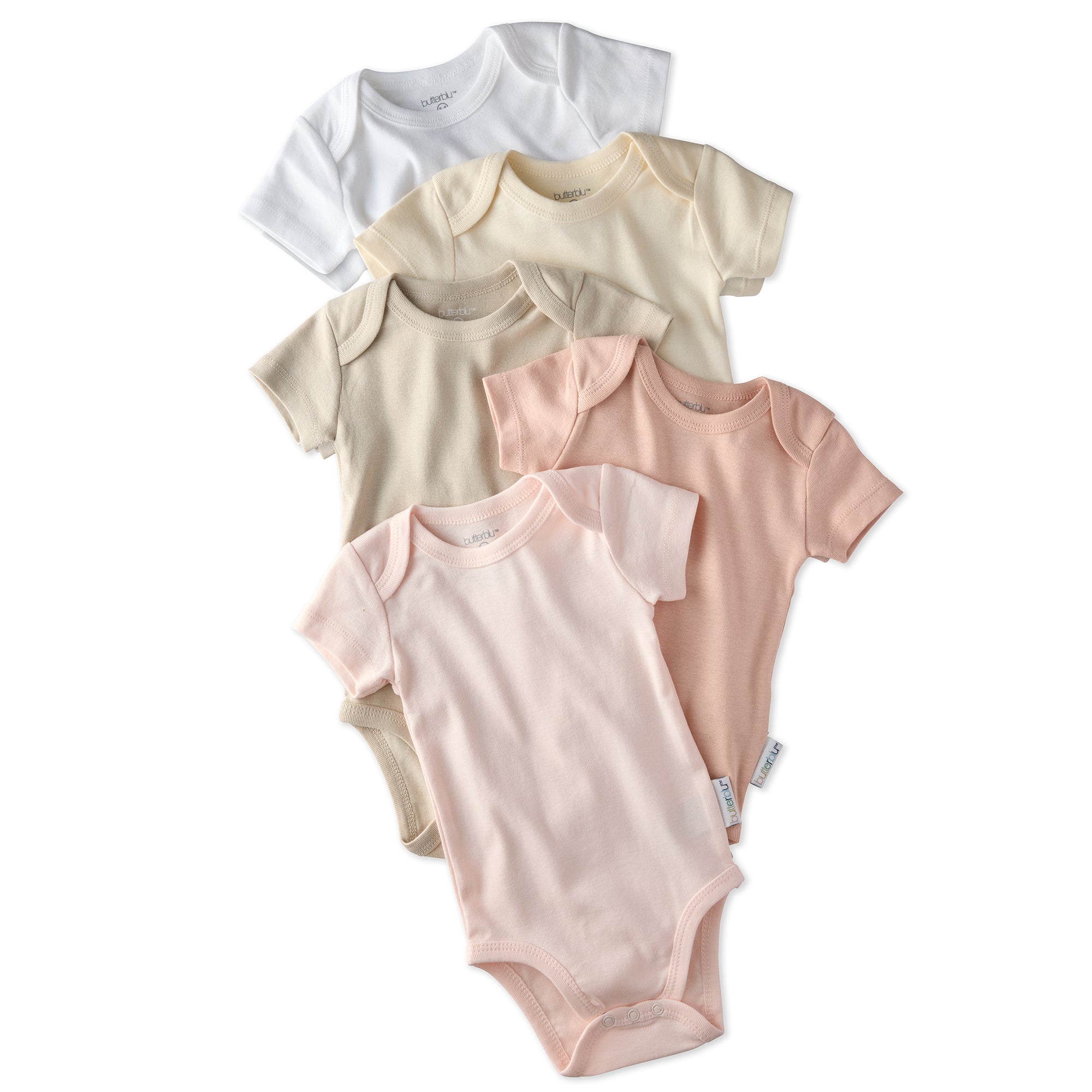 Layout of short sleeve bodysuits in Pink Sands on a white background
