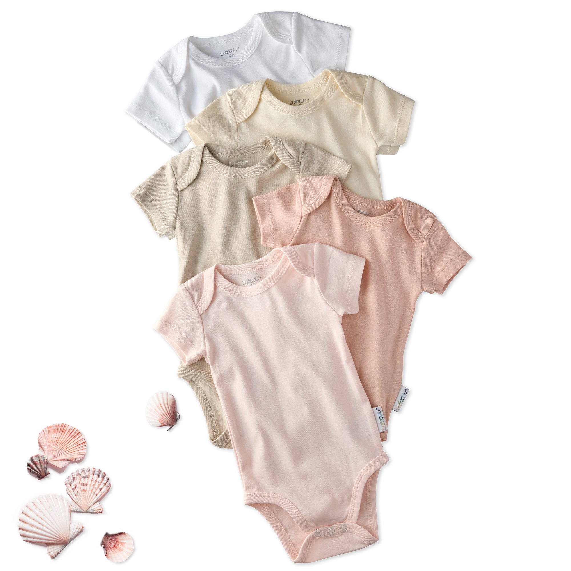 Layout of 5 Short Sleeve Bodysuits in Pink Sands on a white background with a shell detail
