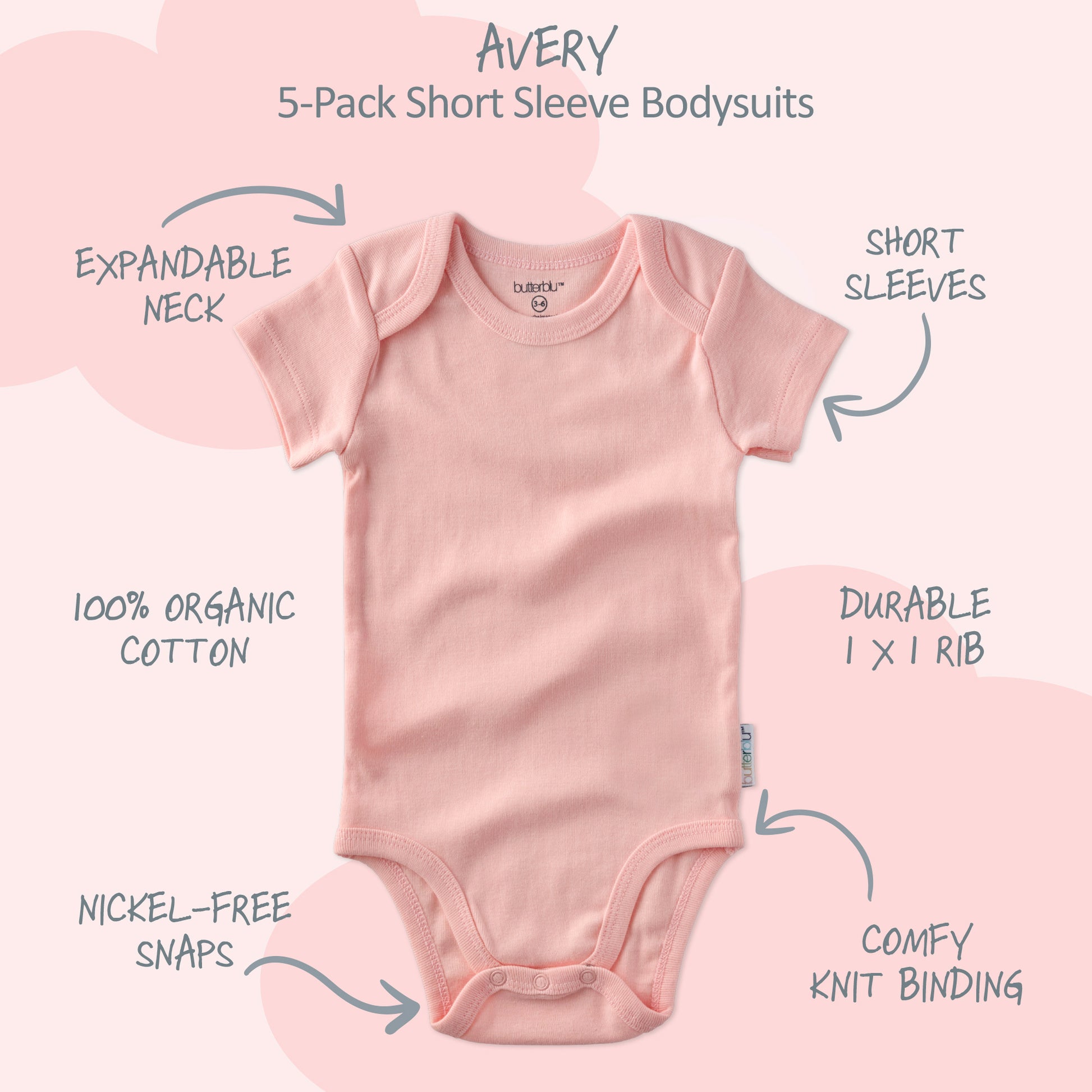 Avery short sleeve bodysuit with product descriptions surrounding it and Avery title at the top
