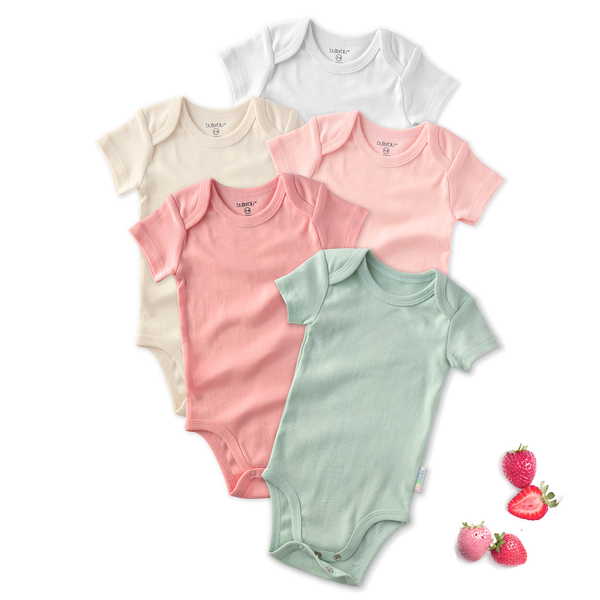 Layout of 5 short sleeve bodysuits in Strawberry on a white background with a strawberry detail
