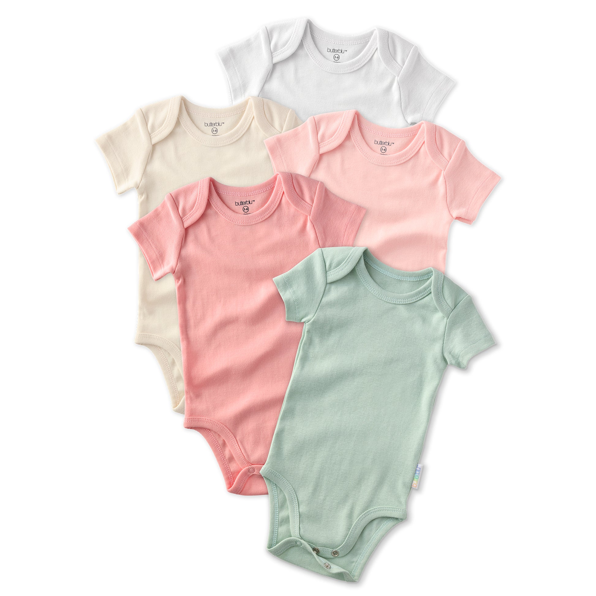 Layout of short sleeve bodysuits in Strawberry on a white background
