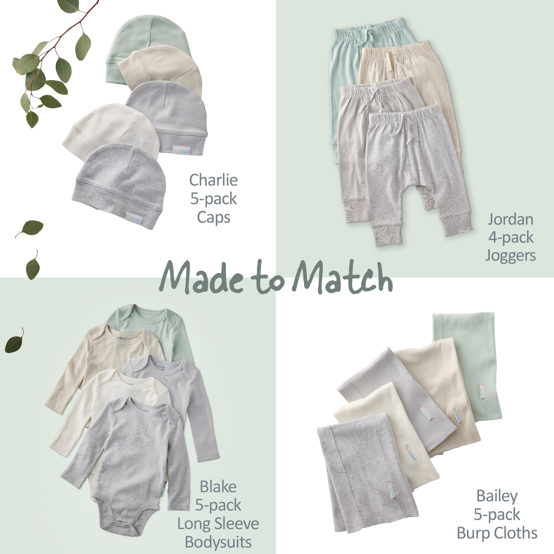 Collection of baby clothing including caps, bodysuits, and burp cloths on a light green background.