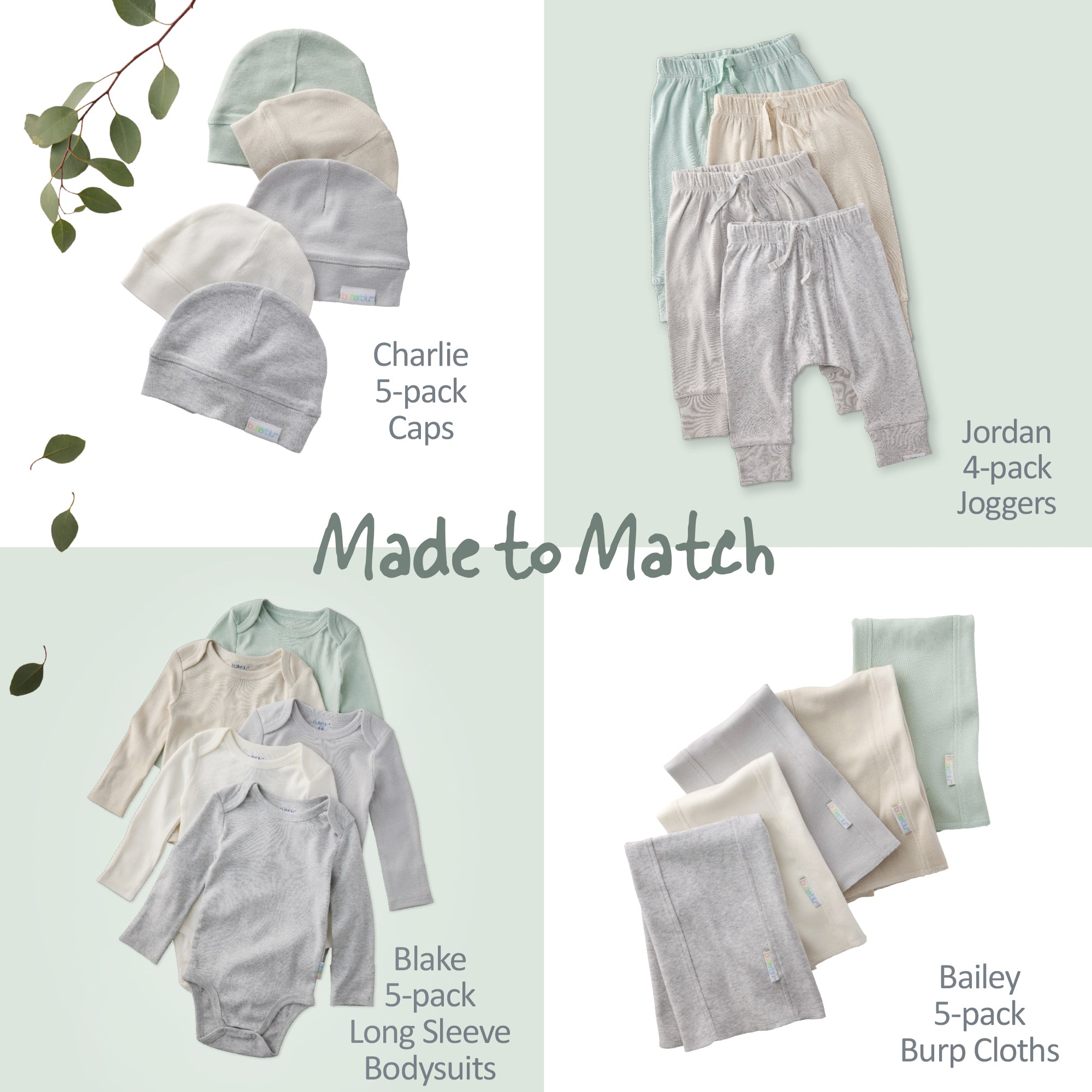 Collection of baby clothing including caps, bodysuits, and burp cloths on a light green background.
