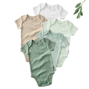 Layout of 5 short sleeve bodysuits in Sage on a white background with a leaf detail
