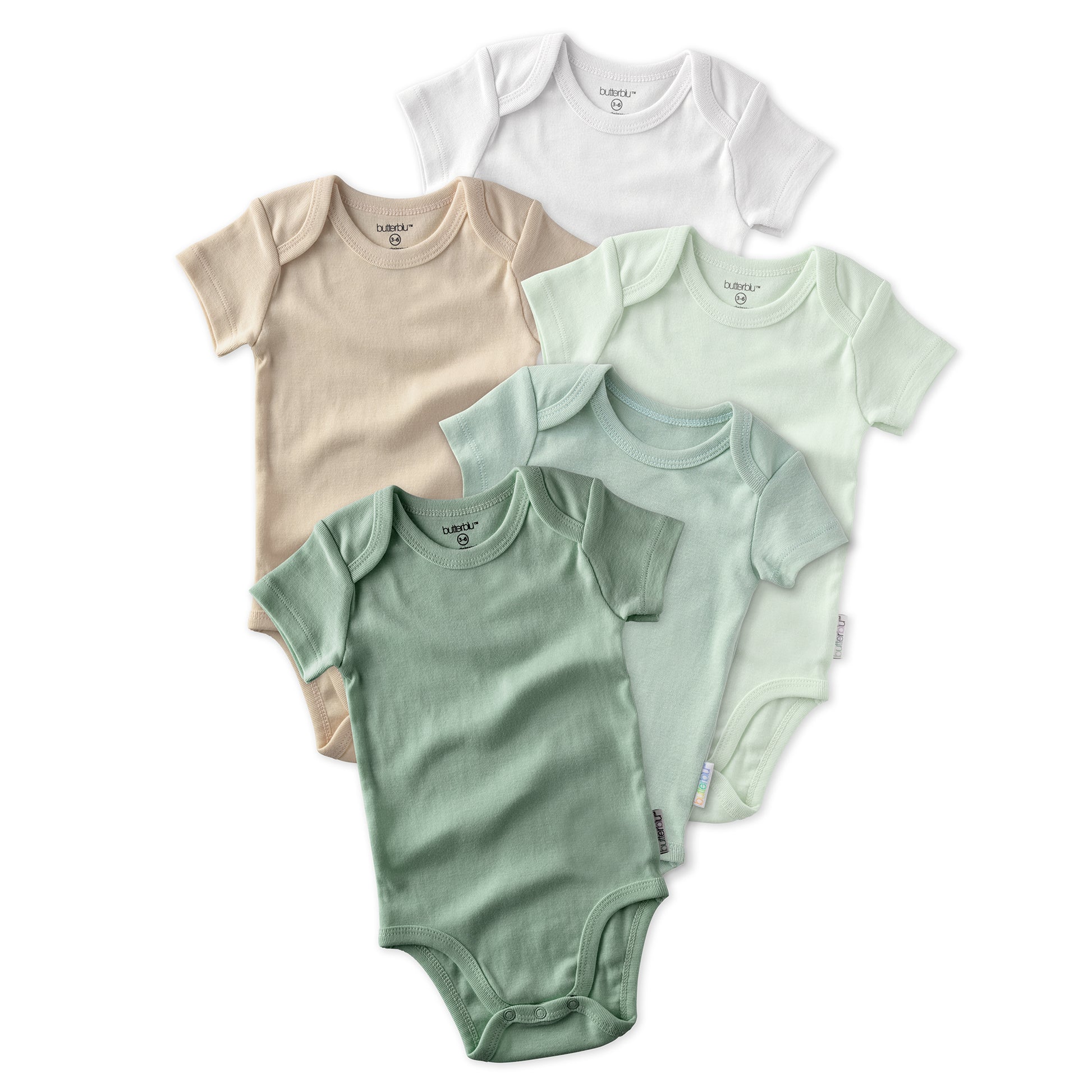 Layout of short sleeve bodysuits in Sage on a white background