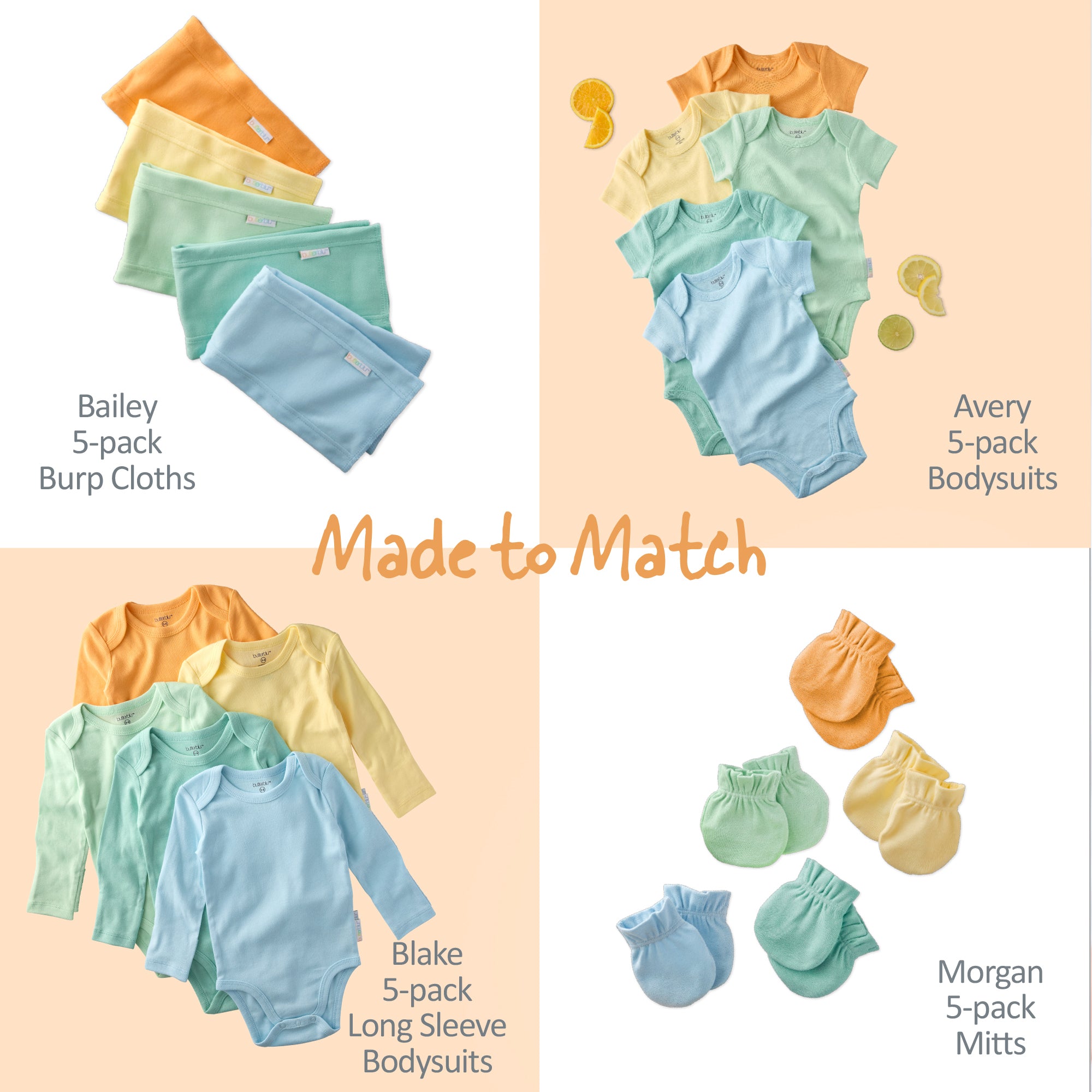 Baby clothing set with burp cloths, bodysuits, and mitts in matching colors on a peach background.