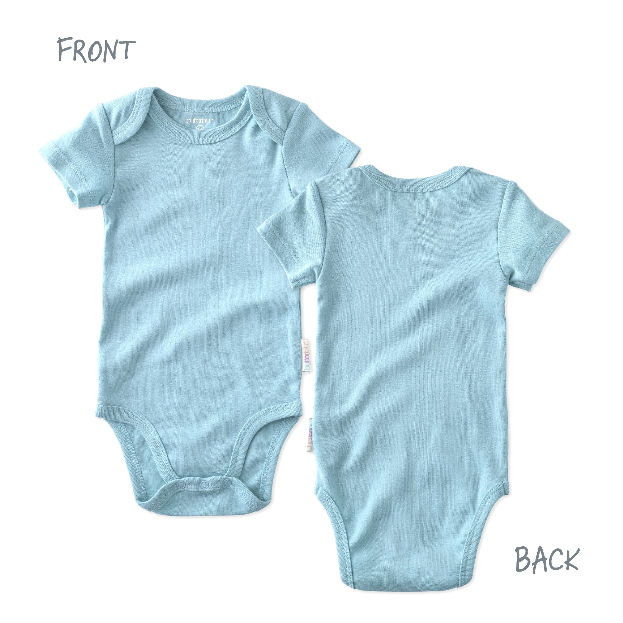 Light blue baby bodysuit shown from front and back on a white background