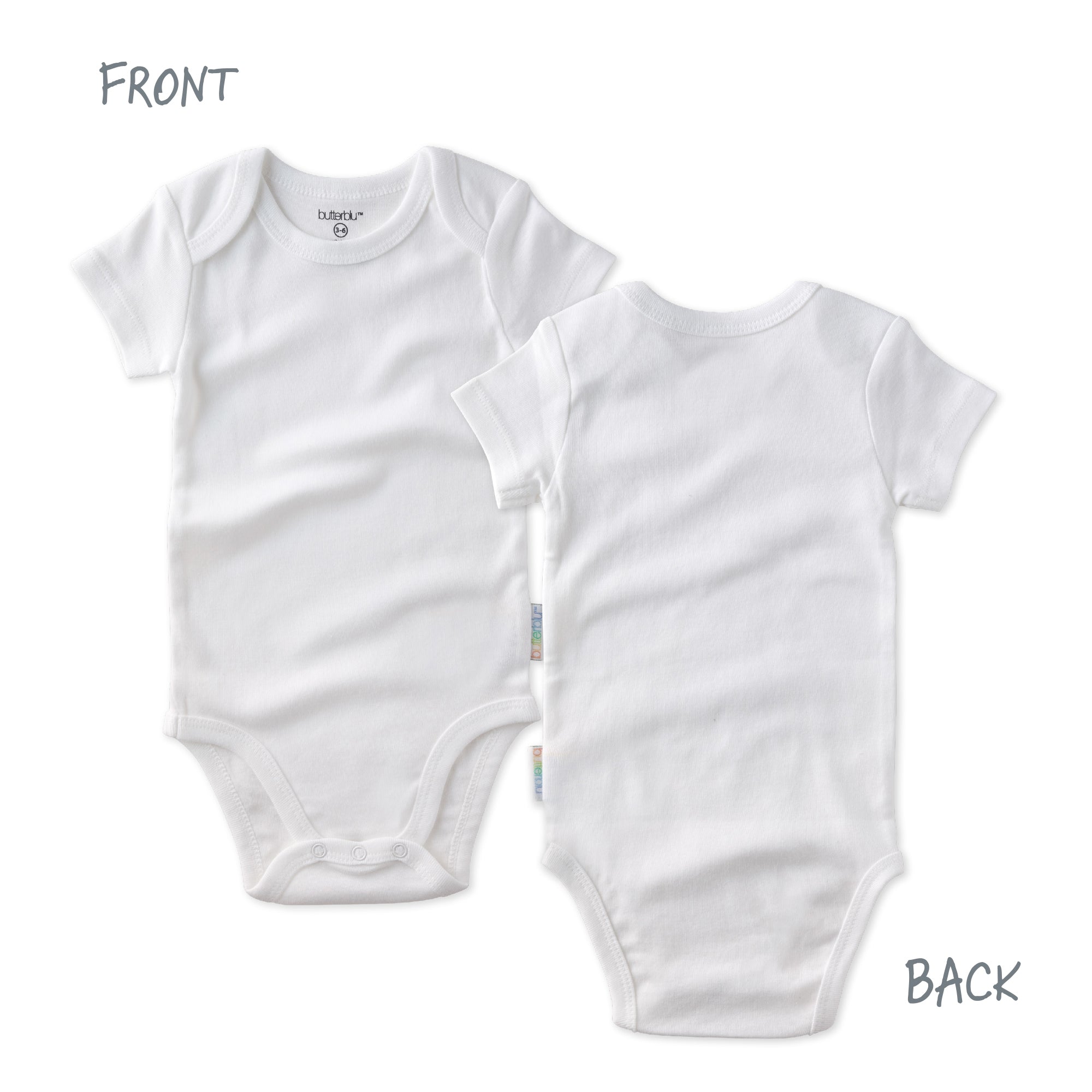 White baby bodysuit shown from front and back on a white background