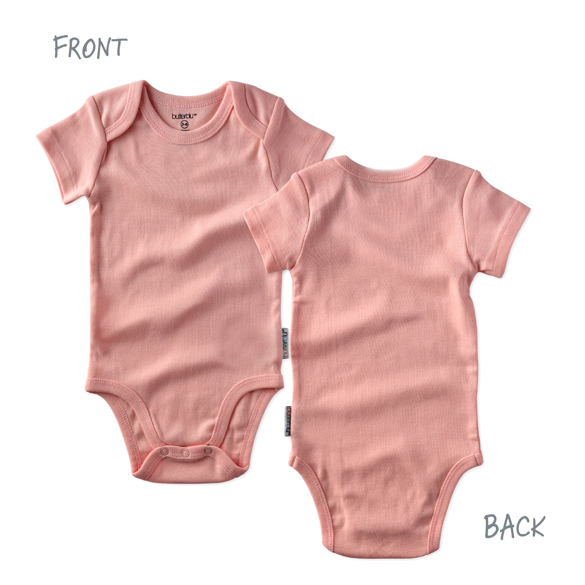 Pink baby onesie shown from front and back on a white background