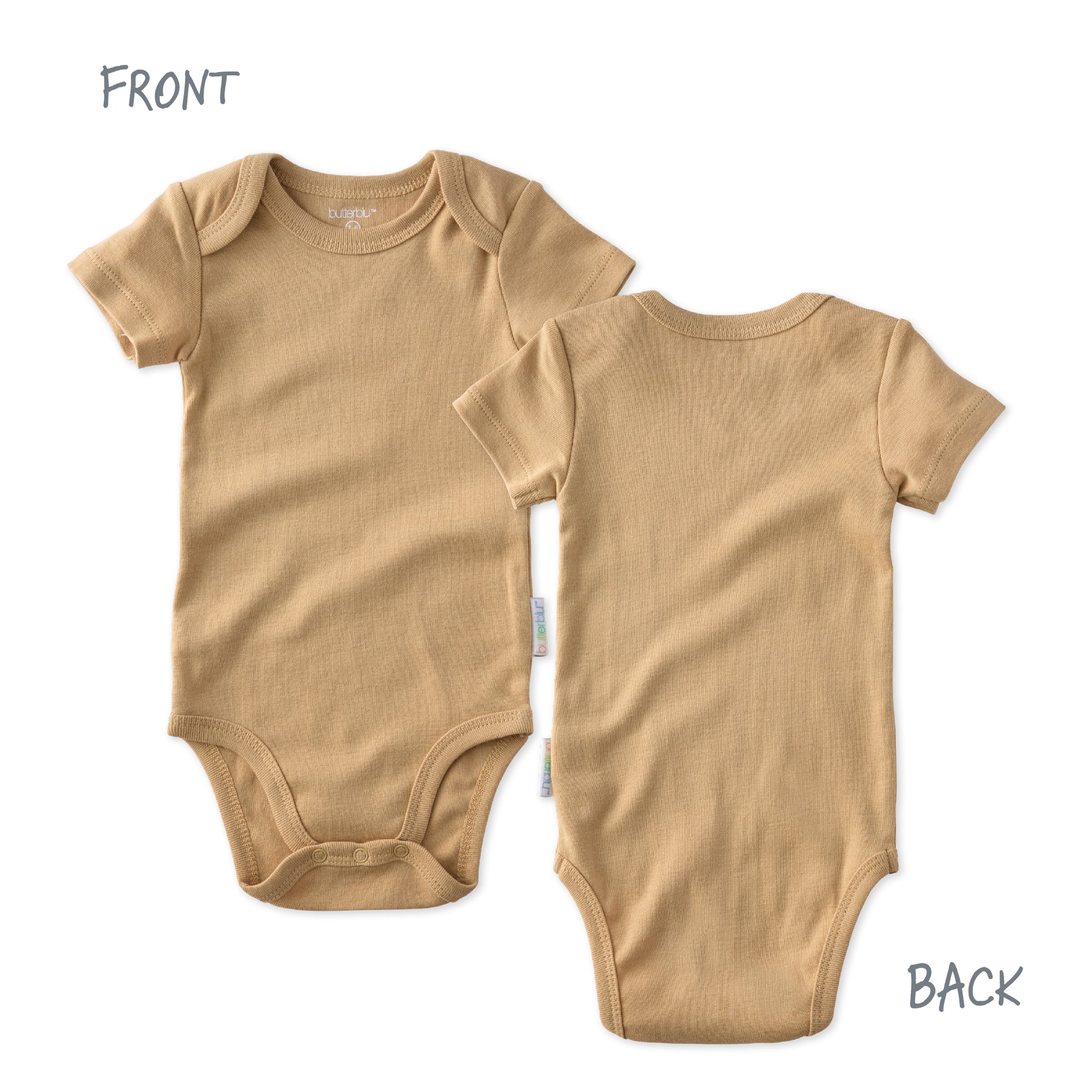 Beige baby onesie shown from front and back on a white background