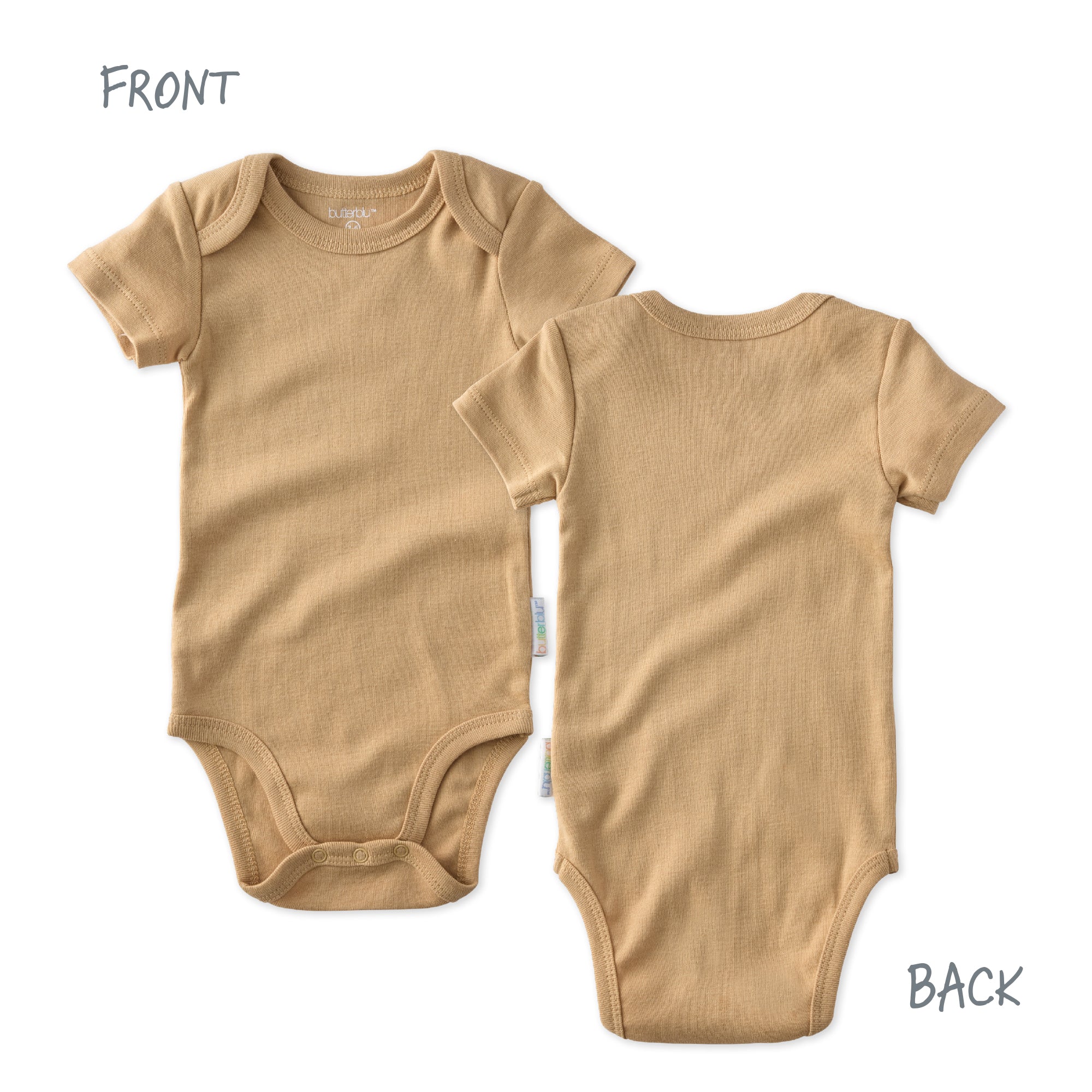 Beige baby onesie shown from front and back on a white background