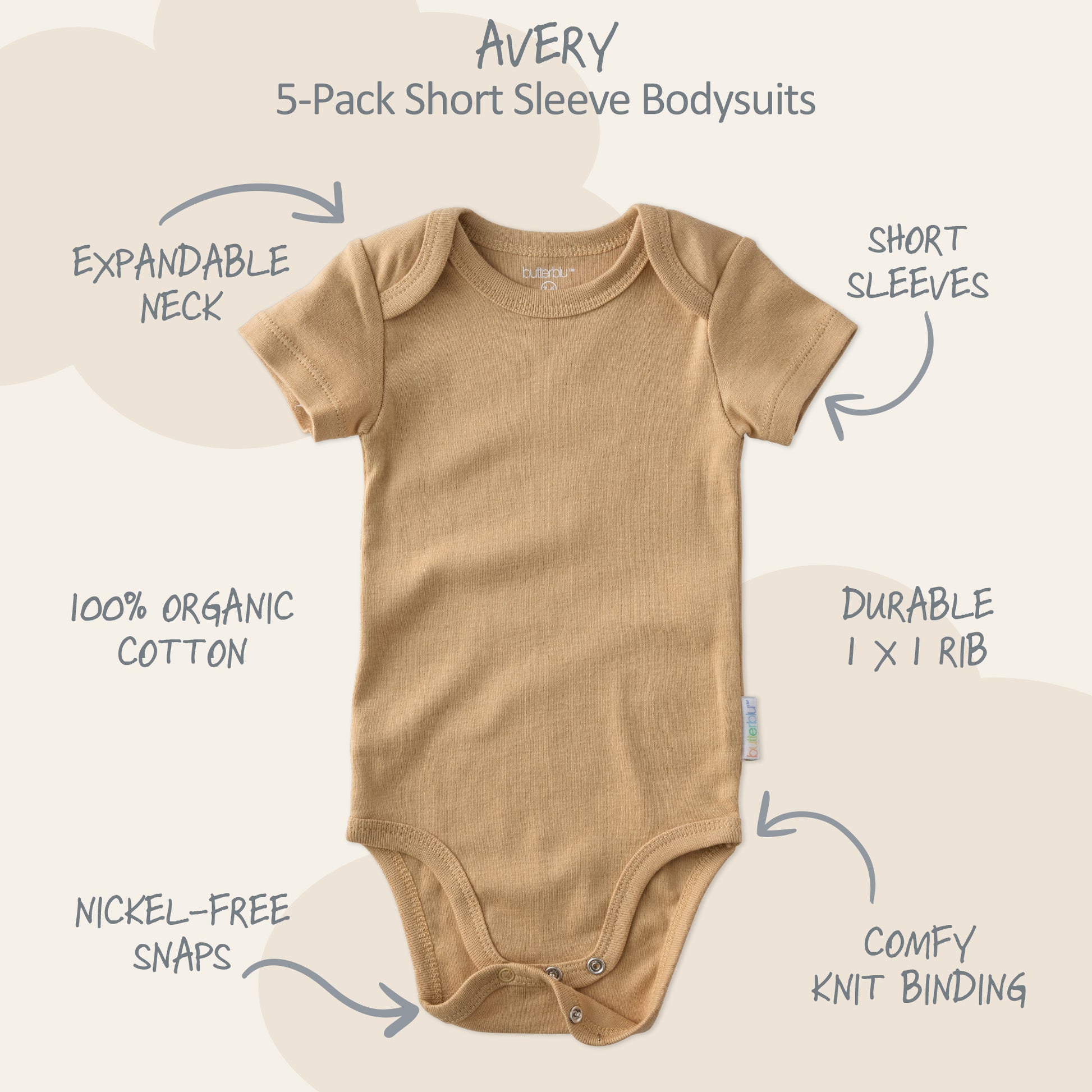 Brown baby bodysuit with features labeled on a white background